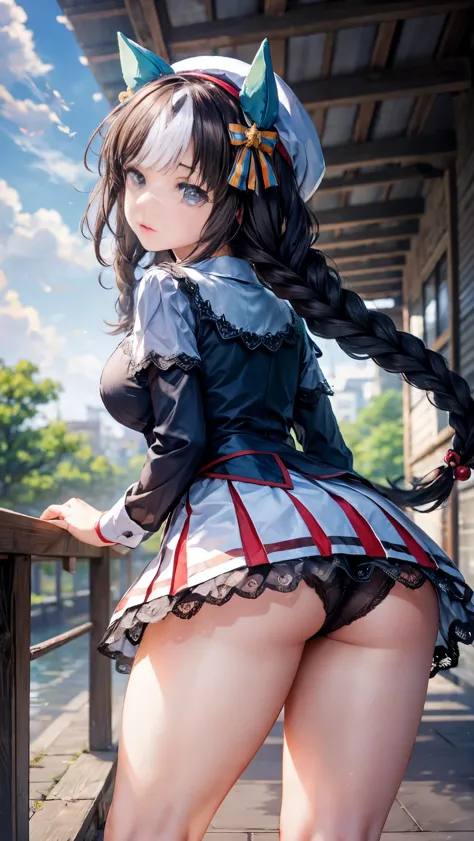 highest quality、one girl，full body figure、15 years old、big boobs、big 、perfect five fingers、perfect legs、perfect legs、hokko tarumae、Hokko Tarmae、perfect thing、detailed description、small details、shy face、detailed face、mini skirt、black hair、long hair、black pa...