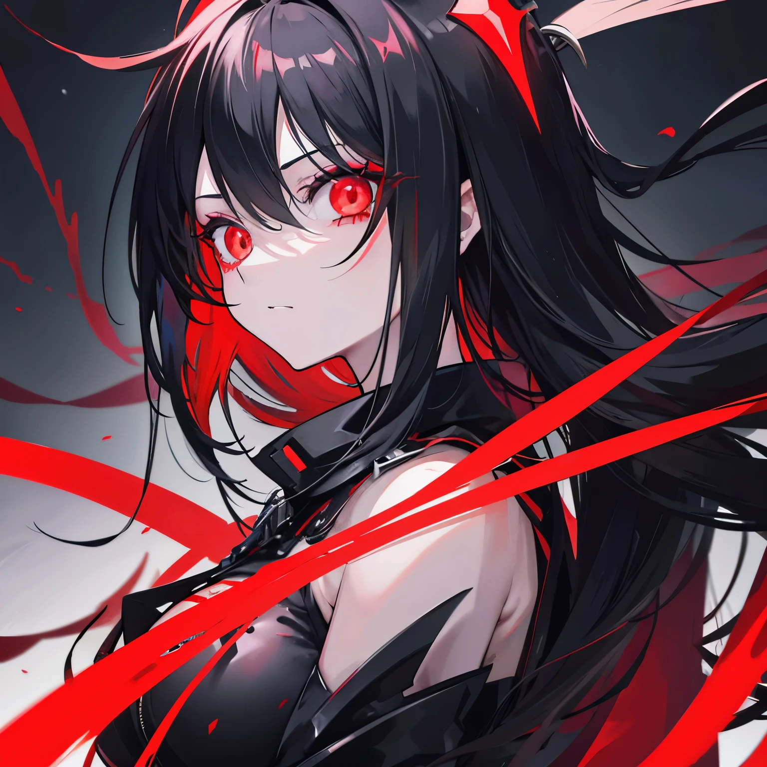 anime zombie girl with red eyes and black hair with long black hair, with glowing red eyes, anime style 4 k, with red glowing eyes, luminous red eyes, glowing red eyes, red eyes glowing, black anime pupils in her eyes, anime style. 8k, red glowing eyes, 4k anime wallpaper, anime zombie girl, bright red eyes, bloody, badass anime 8 k, close up1:1