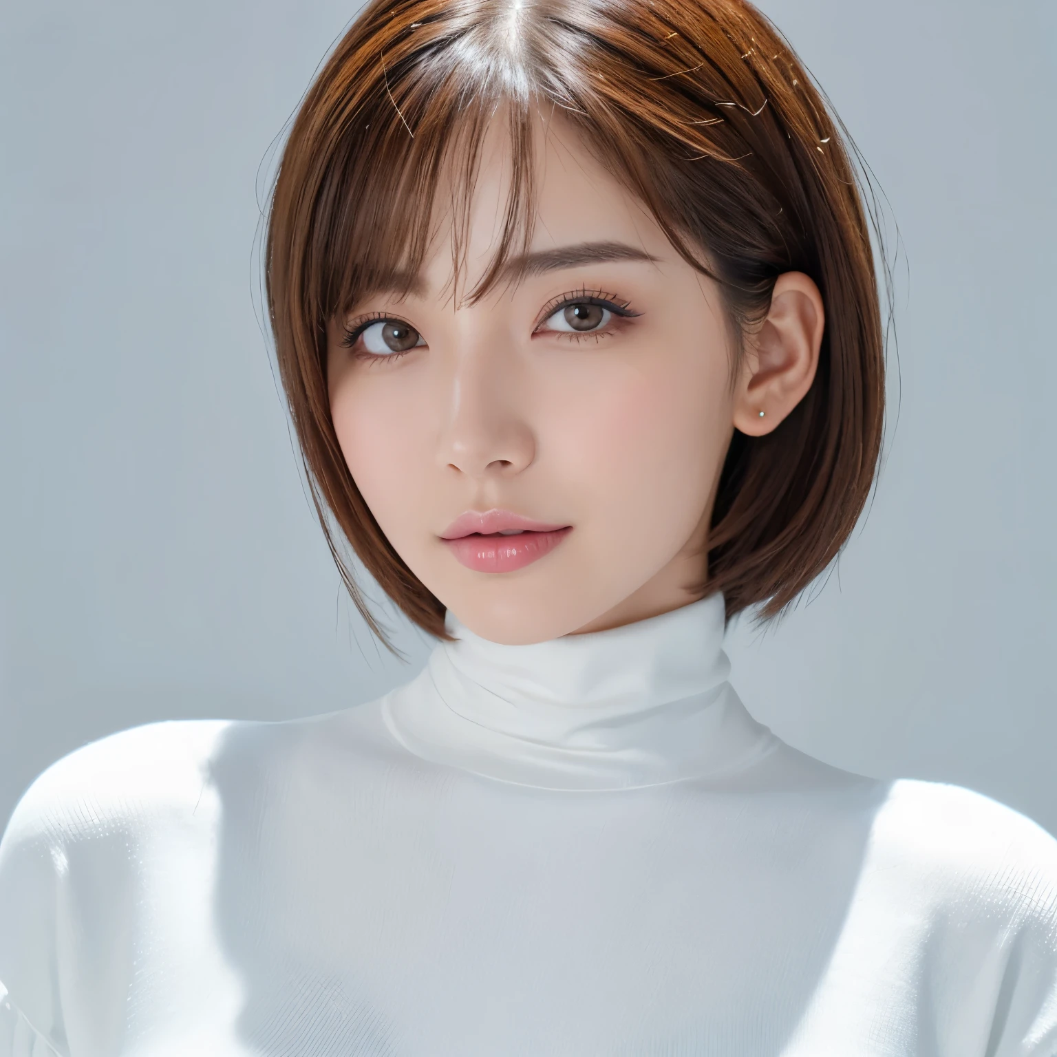 (highest quality、table top、8k、best image quality、Award-winning work)、One cute beauty、(straight short hair:1.1)、(alone:1.1)、(White tight see-through turtleneck knit:1.2)、(The simplest pure white background:1.5)、(Perfectly fixed at the front:1.1)、close up of face、(very big breasts:1.25)、(emphasize body line:1.25)、close up of face、(Perfect female frontal and horizontal portrait with proper margins:1.2)、(Perfect expression of a woman whether viewed from the side or from the front:1.2)、beautiful and detailed eyes、look at me and smile、(Upright photo from the chest up:1.2)、(turn around and look straight at me:1.2)、perfect makeup、Ultra high definition beauty face、ultra high definition hair、Super high-definition sparkling eyes、Super high resolution perfect teeth、Super high resolution glossy lips、accurate anatomy、very beautiful skin、(Pure white skin shining in ultra-high resolution:1.1)、Elegant upright posture when viewed from the front、(very bright:1.3)
