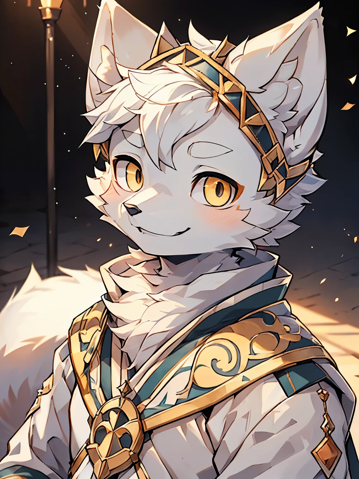 (best picture quality),(masterpiece),(((the only person))),(Super detailed),(male arctic fox:1.5), (white skin:1.3), hairy，(white fur:1.3),((golden pupils)) ,(gray ears),(hairy 动物 耳朵s)，((Wearing classical theater costumes)，natural lighting，complex background,Detailed face，details on face，Character focus，Detailed clothes，upper part of body，depth of field，lighting perfect，light particles，sharp focus，light particles，Eye，Smile，alone