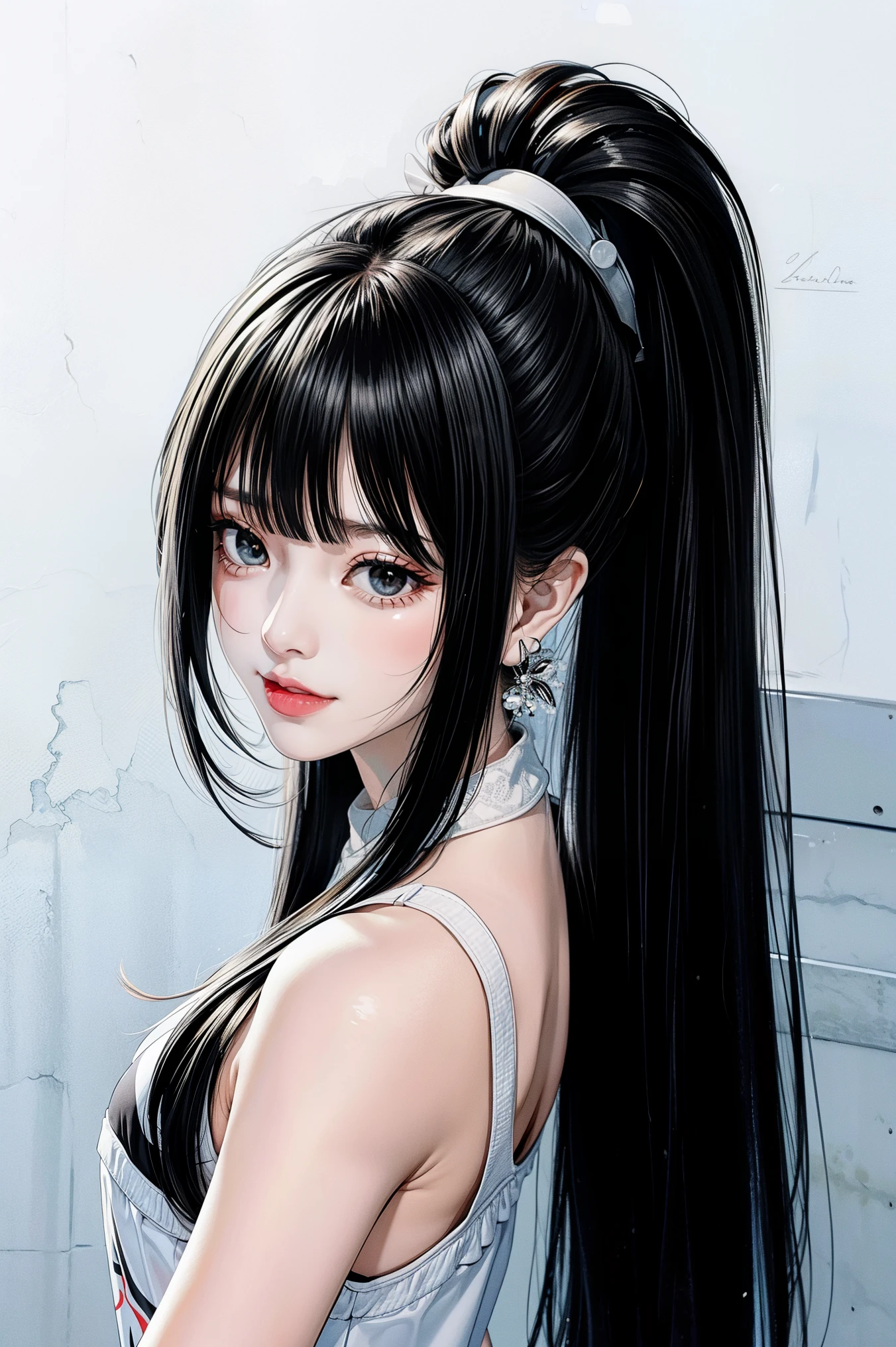 ((Classic blunt bangs:1.1)),Blunt Bangs Hairstyles, blunt bangs round face, Blunt bangs korean, aesthetic korean bangs,  Blunt Cut Bangs Straight Long Hair,((High Ponytail:1.5)),(((Blunt bangs,Straight bangs:1.1))),(((Very long black hair, Ridiculously long black hair:1.1)))