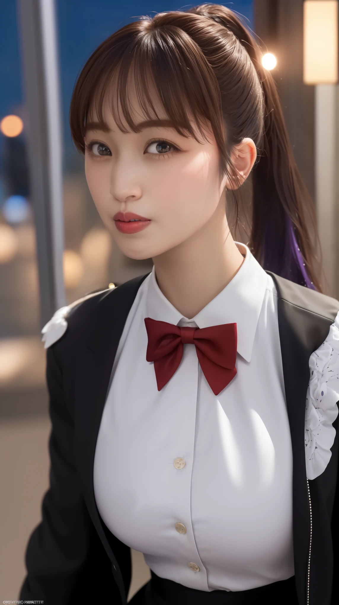 (Night:1.7), Japan, Tokyo, CityView, Before Window,
Standing at attention,
Black_jacket,white shirt, Black_Skirt,sailor outfit,red bowtie,puffy sleeves,long sleeves, 
jewelry,
purple eyes, purple hair,Bangs, ponytail,long hair, 
1 girl, 24yo,mature female,Beautiful Finger,Beautiful long legs,Beautiful body,Beautiful Nose,Beautiful character design, perfect eyes, perfect face,
looking at viewer,girl in the center of the image,
NSFW,official art,extremely detailed CG unity 8k wallpaper, perfect lighting,Colorful, Bright_Front_face_Lighting,
(masterpiece:1.0),(best_quality:1.0), ultra high res,4K,ultra-detailed,
photography, 8K, HDR, highres, absurdres:1.2, Kodak portra 400, film grain, blurry background, bokeh:1.2, lens flare, (vibrant_color:1.2)
(Beautiful,Large_Breasts:1.2), (beautiful_face:1.5),(narrow_waist),