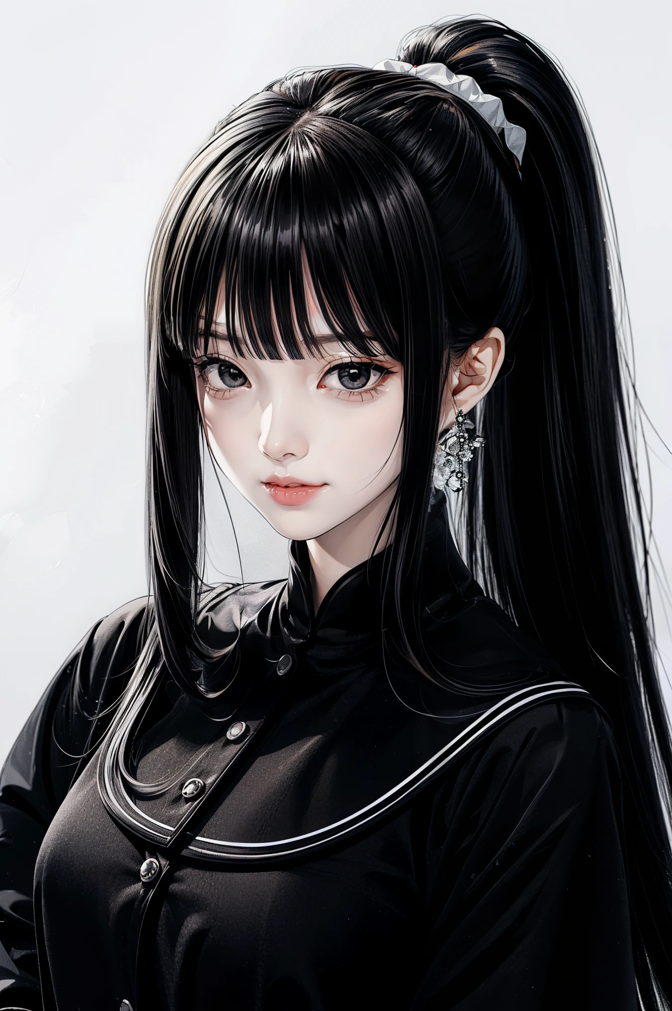 ((Classic blunt bangs:1.1)),Blunt Bangs Hairstyles, blunt bangs round face, Blunt bangs korean, aesthetic korean bangs,  Blunt Cut Bangs Straight Long Hair,((High Ponytail:1.5)),(((Blunt bangs,Straight bangs:1.1))),(((Very long black hair, Ridiculously long black hair:1.1)))