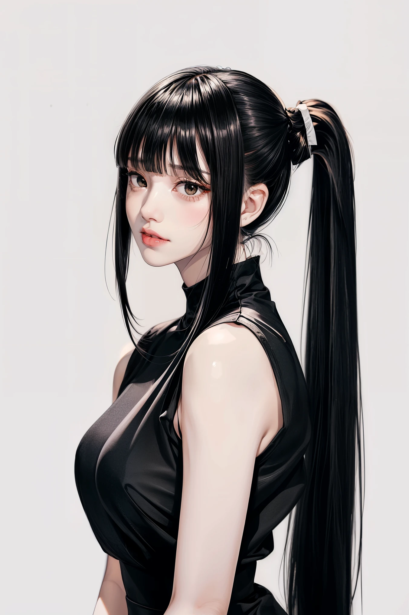 ((Classic blunt bangs:1.1)),Blunt Bangs Hairstyles, blunt bangs round face, Blunt bangs korean, aesthetic korean bangs,  Blunt Cut Bangs Straight Long Hair,((High Ponytail:1.5)),(((Blunt bangs,Straight bangs:1.1))),(((Very long black hair, Ridiculously long black hair:1.1)))