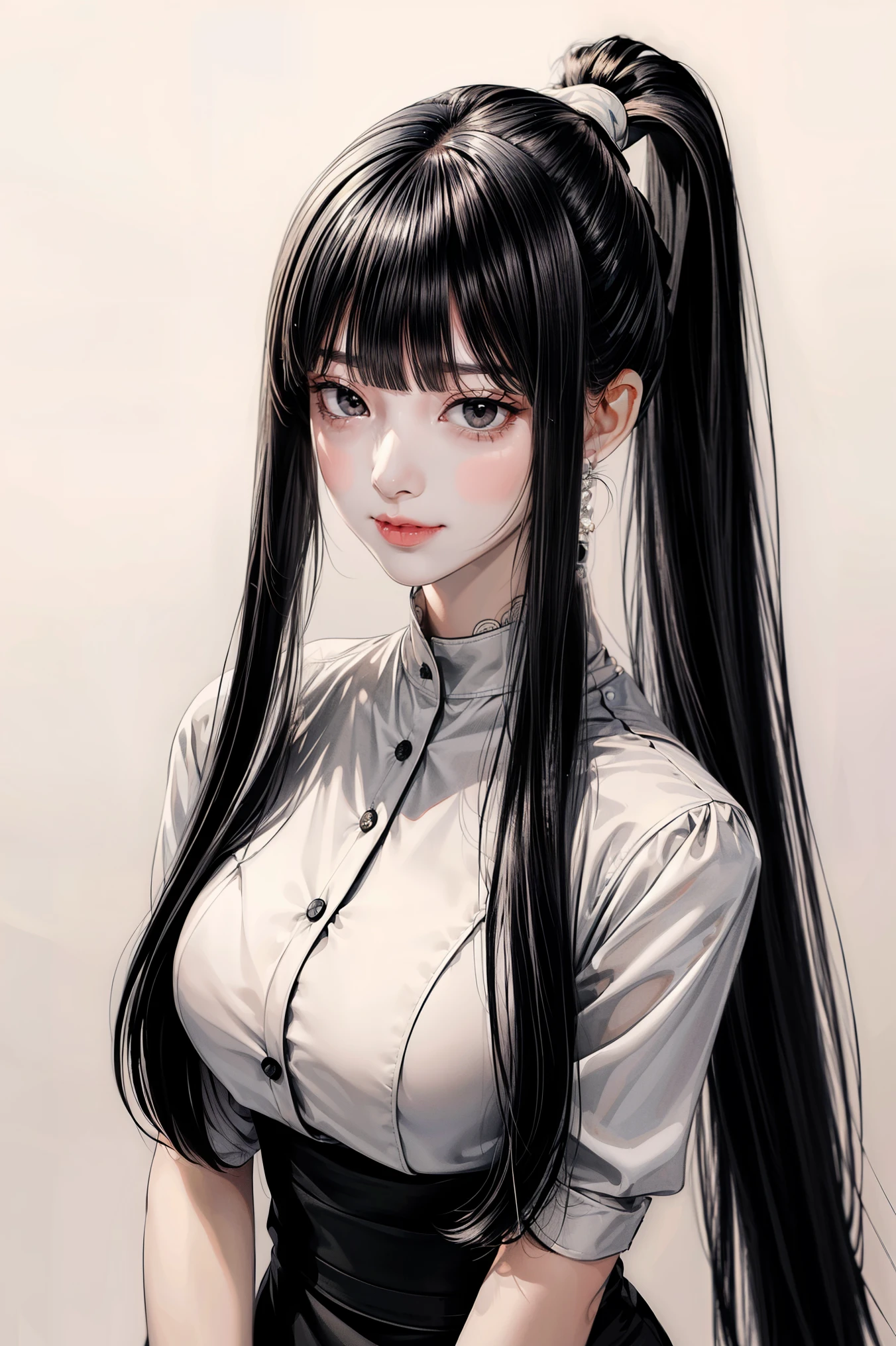 ((Classic blunt bangs:1.1)),Blunt Bangs Hairstyles, blunt bangs round face, Blunt bangs korean, aesthetic korean bangs,  Blunt Cut Bangs Straight Long Hair,((High Ponytail:1.5)),(((Blunt bangs,Straight bangs:1.1))),(((Very long black hair, Ridiculously long black hair:1.1)))