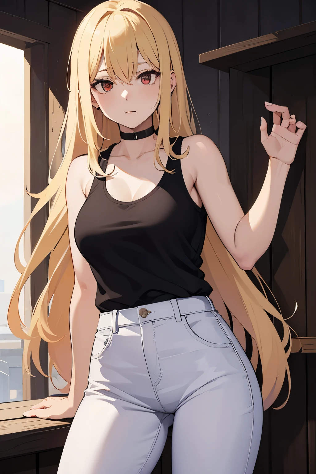 Anime girl with long blonde hair and black top posing in front of window -  SeaArt AI