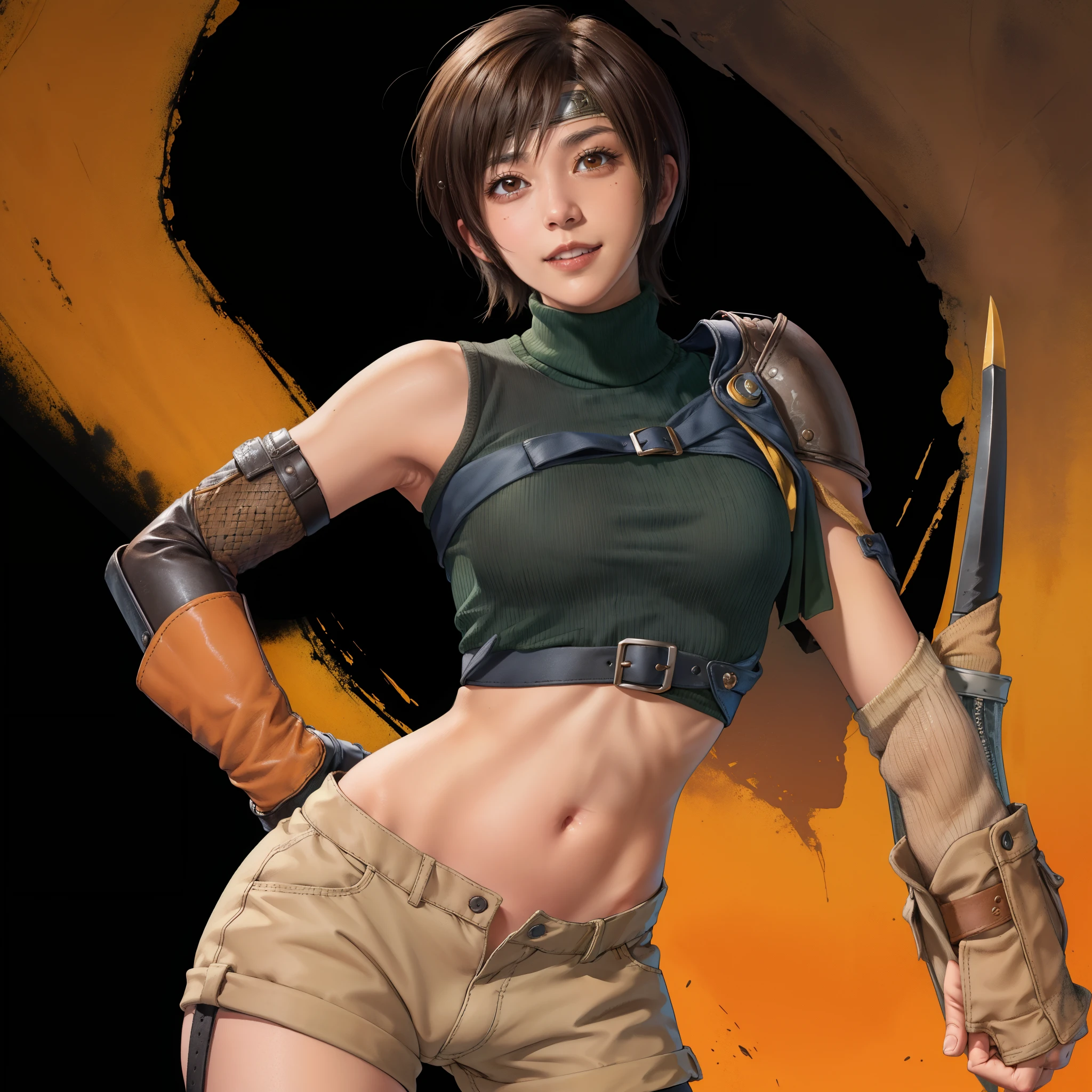 best quality, high res, high detail, 1girl,short hair,headband,navel,sleeveless,turtleneck,brown eyes,sleeveless turtleneck,solo,looking at viewer,smile,gloves,crop top,brown hair,shorts,armor,sweater,open fly,fingerless gloves,ribbed sweater, holding a shuriken, yuffie kisaragi, final fantasy, half body shot, fantasy battlefield background