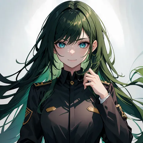 1 girl, ((dark green hair)), dark blue eyes, sharp eyes, ((black uniform)), cold face, black uniform, long hair, strong girl, sm...