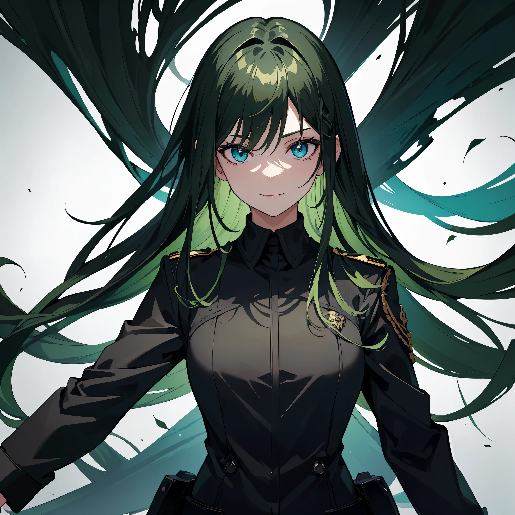 1 girl, ((dark green hair)), dark blue eyes, sharp eyes, ((black uniform)), cold face, black uniform, long hair, strong girl, smiling, white background, detailed eyes