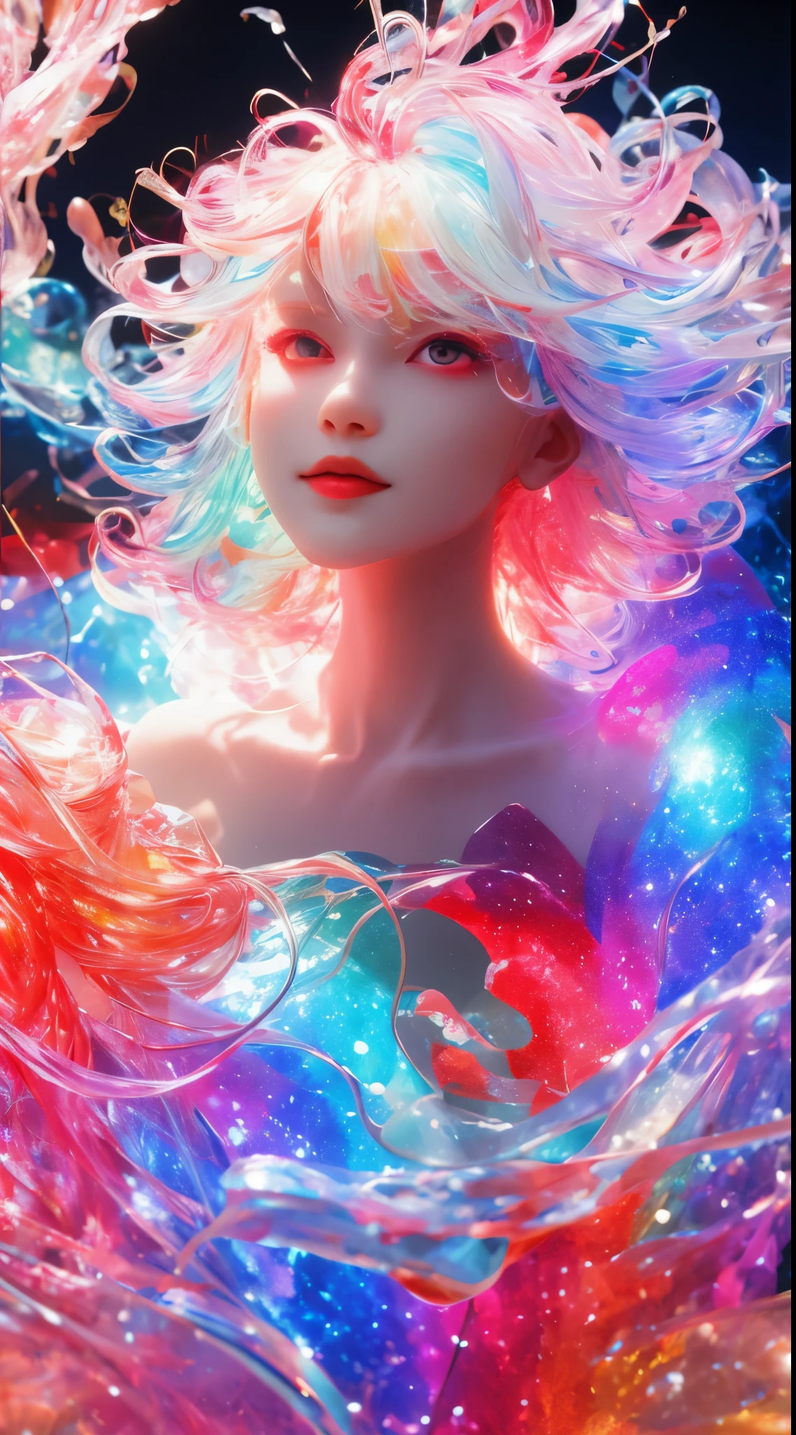 a girl，rainbow colors的头发，Romanticized nature，curls，A dreamlike realm，light white and light red，The atmosphere is very good，wave. 3d. rainbow colors. The melting beauty of the universe. Surrealism in Nebula Reflections. glass texture，Translucent，crystal