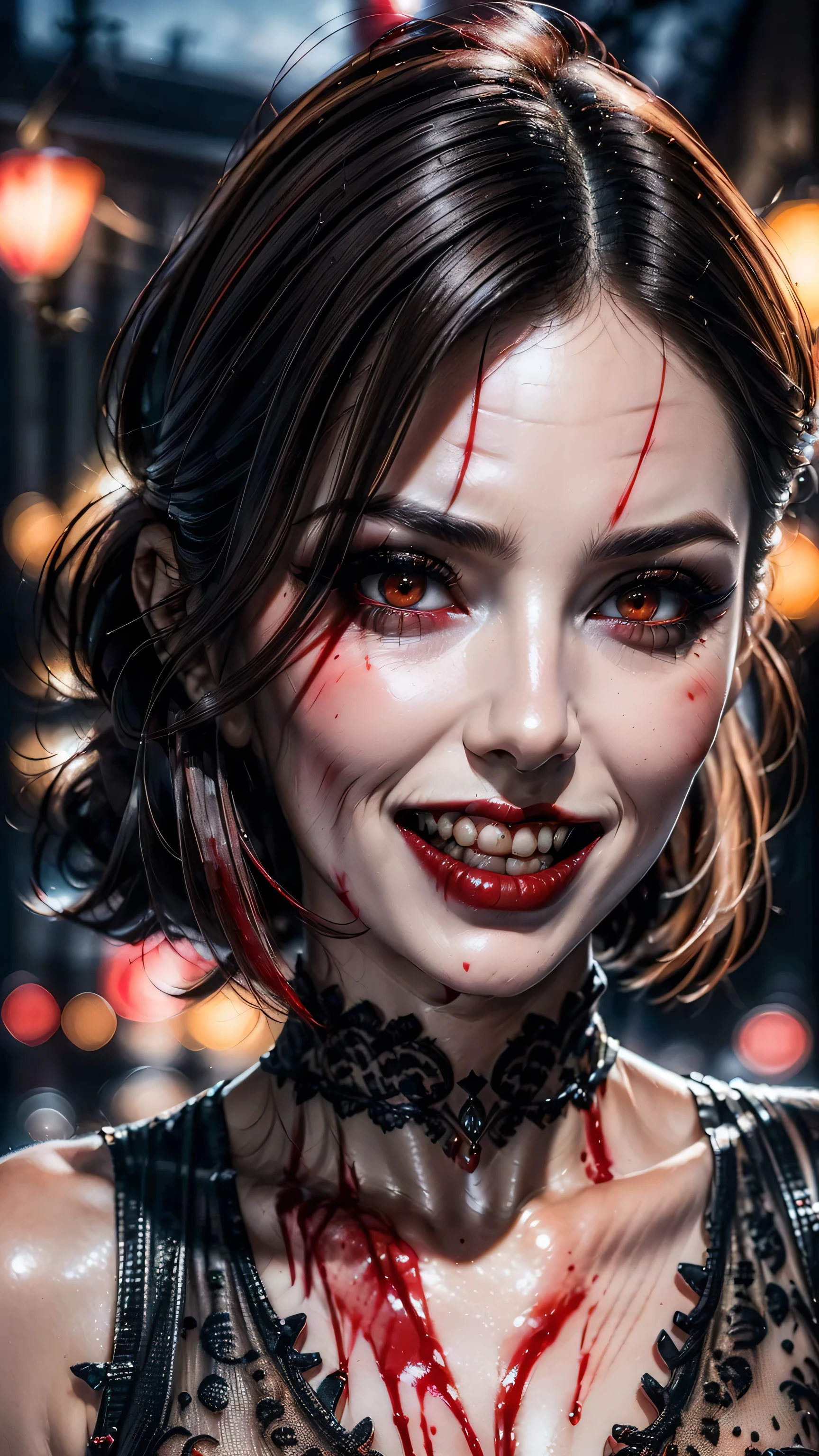 ((close up of face)))、(ultra-detailed)、Ultra-realistic movie master pie with ultra-detailed primetime portraits, 最high quality, 8K, table top, Ultra HD, 1 girl 22 years old、fashion supermodel, blonde curly hair、最high quality, high quality, High resolution、vampire, (((a lot of blood flowing out of her mouth down her face:1.33))), beautiful, sensual, (((teeth like dracula:1.33))). (dressed in a very complicated Extravagant street outfit), real:1.7、photorealistic:1.7、very delicate and beautiful、((masterpiece:1.3)), ((absurdres))、((sharp fous))、(beautiful face:1.45)、(detailed face:1.4)、(detailed eyes:1.35)、(detailed lips:1.2)、(Detailed nose:1.2)、(Glamour, paparazzi taking pictures of her)、((light dark short hair、extremely detailed, professionally made hairstyles))、 (red_eyeshadows:1.5)、 (dark red_lipstick:1.42)、((perfect round eyes))、 ((red_eyes:1.4))、 black_makeup:1.35、((a mocking smile, blood dripping from the corners of his mouth))、(Increase quality:1.4), (best quality real texture skin:1.4),