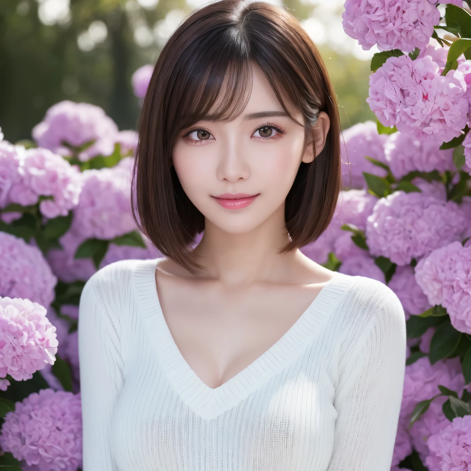 (highest quality、table top、8k、best image quality、Award-winning work)、one beautiful woman、25 years old、(Fixed front configuration:1.1)、(Front photo from the chest up:1.1)、big and full breasts、[clavicle]、(V-neck tight knit sweater that fits perfectly to the body:1.1)、look at me and smile、(straight short hair:1.1)、(strongly blurred natural park background:1.1)、Strongly blurred background、droopy eyes、natural makeup、Ultra high definition beauty face、(Super high-definition glowing beautiful skin:1.1)、Lustrous and beautiful skin、Shiny and fine skin、ultra high definition hair、Super high-definition sparkling eyes、Super high resolution glossy lips、accurate anatomy、(very bright and vivid:1.3)