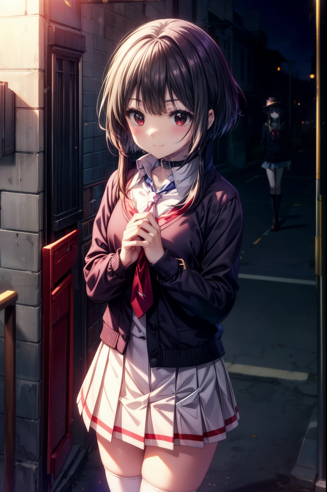 konosubaMegumin, Megumin, short hair, black hair, (red eyes:1.3), short hair with long locks,
blush,smile,high school girl uniform,Black cardigan,White tie,Red Blazer,Red pleated skirt,white knee high socks,black loafers,On the way home from school,evening,sunset,
break outdoor, In town,building street,
break looking at viewer, removed from above,(cowboy shot:1.5),
break (masterpiece:1.2), highest quality, High resolution, unity 8k wallpaper, (figure:0.8), (detailed and beautiful eyes:1.6), highly detailed face, perfect lighting, Very detailed CG, (perfect hands, perfect anatomy),