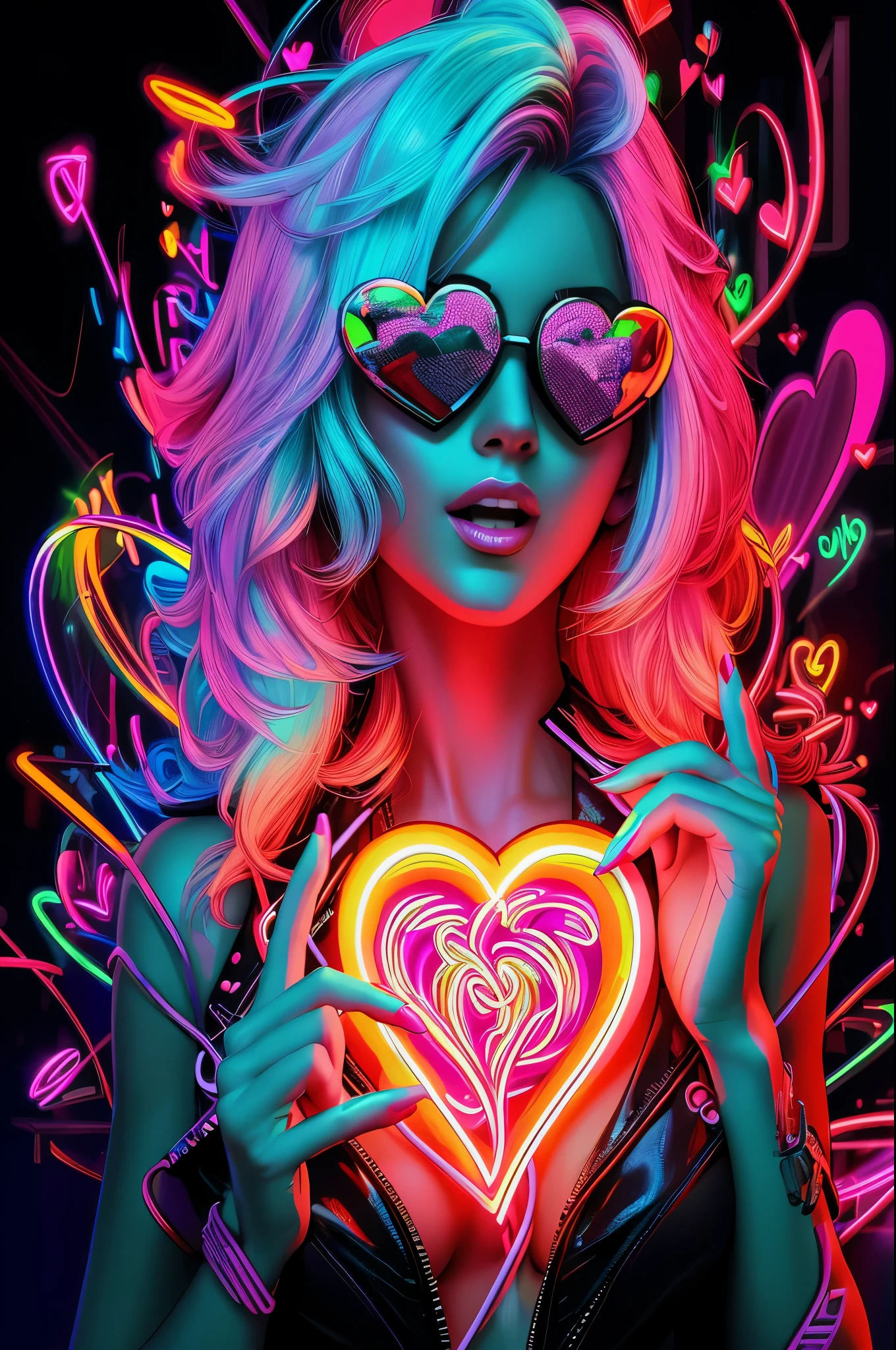 a woman with bright hair and sunglasses holding a heart shaped object, neon digital art, neon light and fantasy, ultraviolet and neon colors, colorful digital art, colorfull digital fantasy art, 3 d neon art of a womens body, neon art style, gorgeous digital art, colourful digital art, neon art, neon coloring, psychedelic digital art, colorful art, vibrant neon colors
