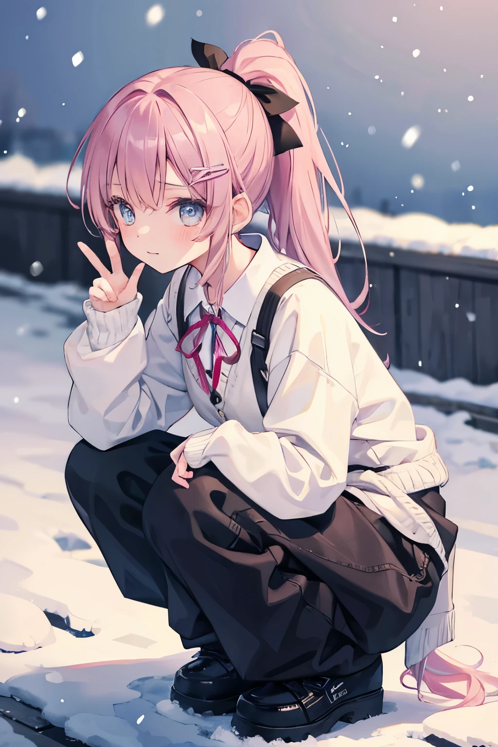 1 girl, ponytail,  baggy pants, It&#39;s snowing in the background, whole body, squatting down, wearing a cardigan over, Moe sleeves, peace, ribbon hair ornament