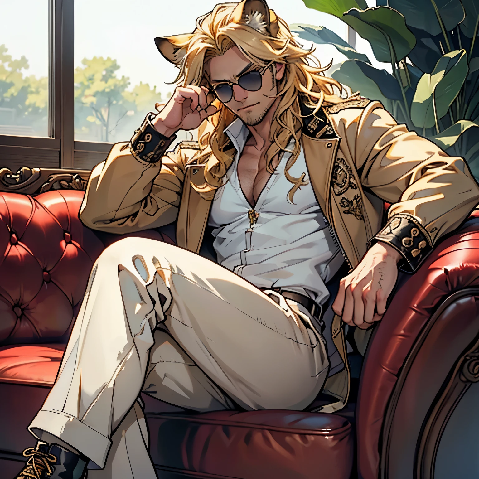 leather jacket, ((one male)), lion ears, long hair, blond, blond hair, green eyes, tall, muscular, white shirt, ((beautiful face)), ((highest quality)), ((masterpiece)), ((2d)), (anime), perfect face, (((highest detail))), feline eyes, stubble, lion tail, wavy hair, (far shot), (((detailed face))), intricate details, ((sitting on white couch)), white background, black boots ((red sunglasses)),