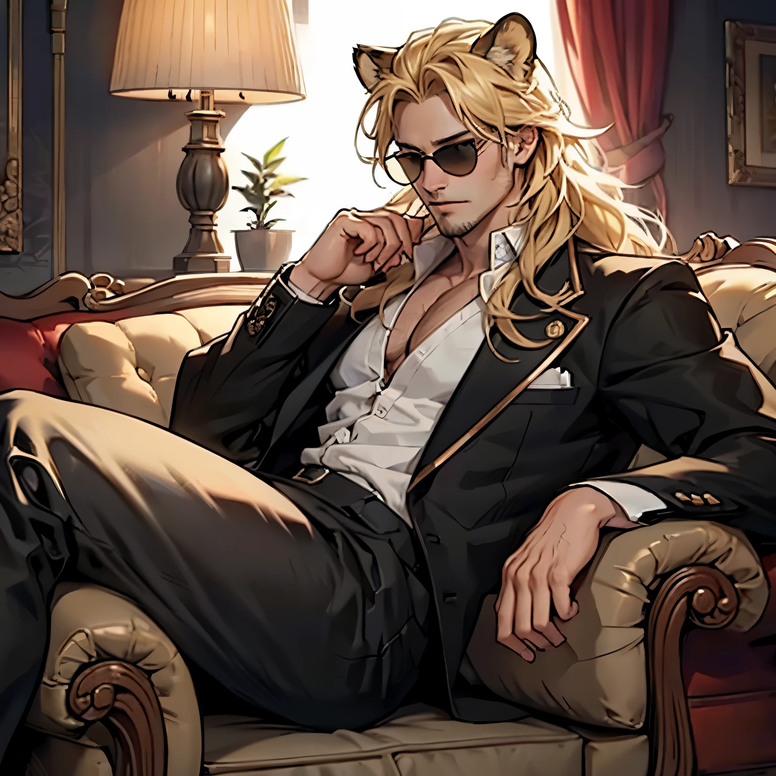 Black jacket, ((one male)), lion ears, long hair, blond, blond hair, green eyes, tall, muscular, white shirt, ((beautiful face)), ((highest quality)), ((masterpiece)), ((2d)), (anime), perfect face, (((highest detail))), feline eyes, stubble, lion tail, wavy hair, (far shot), (((detailed face))), intricate details, ((sitting on white couch)), white background, black boots ((red sunglasses)),