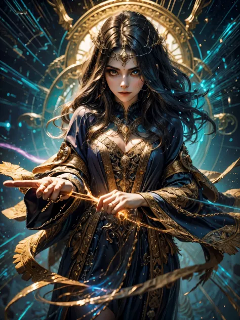 A young sorceress stands poised with one hand raised, her fingers delicately weaving intricate patterns in the air as she channe...
