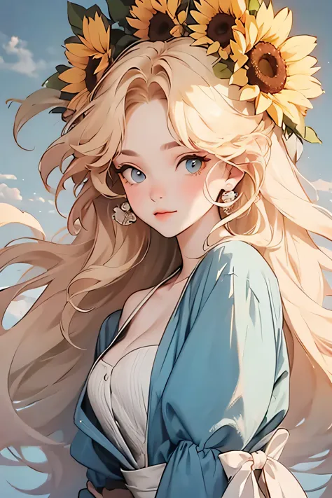 masterpiece， high quality， movie stills， a girl，blond，Sunflowers are worn on the head， floating in the sky， cloud girl， cloud， （...