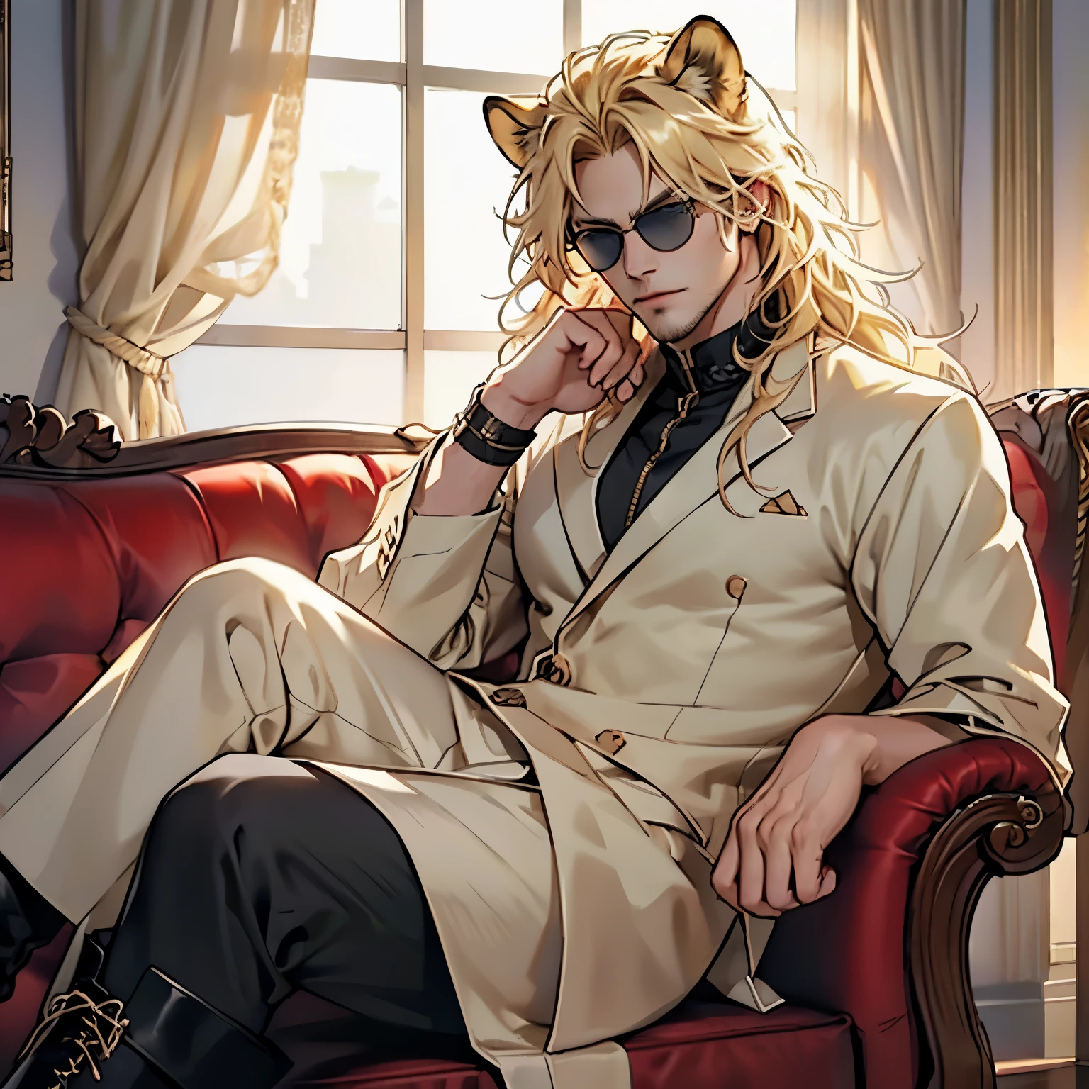 Black jacket, ((one male)), lion ears, long hair, blond, blond hair, green eyes, tall, muscular, white shirt, ((beautiful face)), ((highest quality)), ((masterpiece)), ((2d)), (anime), perfect face, (((highest detail))), feline eyes, stubble, lion tail, wavy hair, (far shot), (((detailed face))), intricate details, ((sitting on white couch)), white background, black boots ((red sunglasses)), (((human hands)))