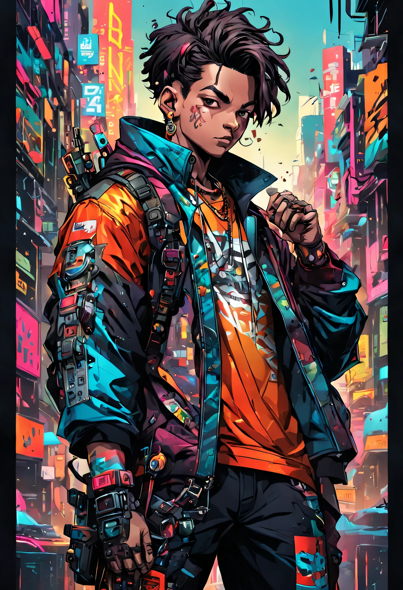 American comic book style,Young man posing downtown:brackets:american casual,Street fashion,pop color,rich colors,Cast colorful spells,Manga manuscript style,Frame splitting,cute,nice,be familiar with，comic strip,cyber punk,draw with thick lines,pop art,dynamic pose,dynamic composition,action,Exciting games are waiting to begin,Excited,masterpiece