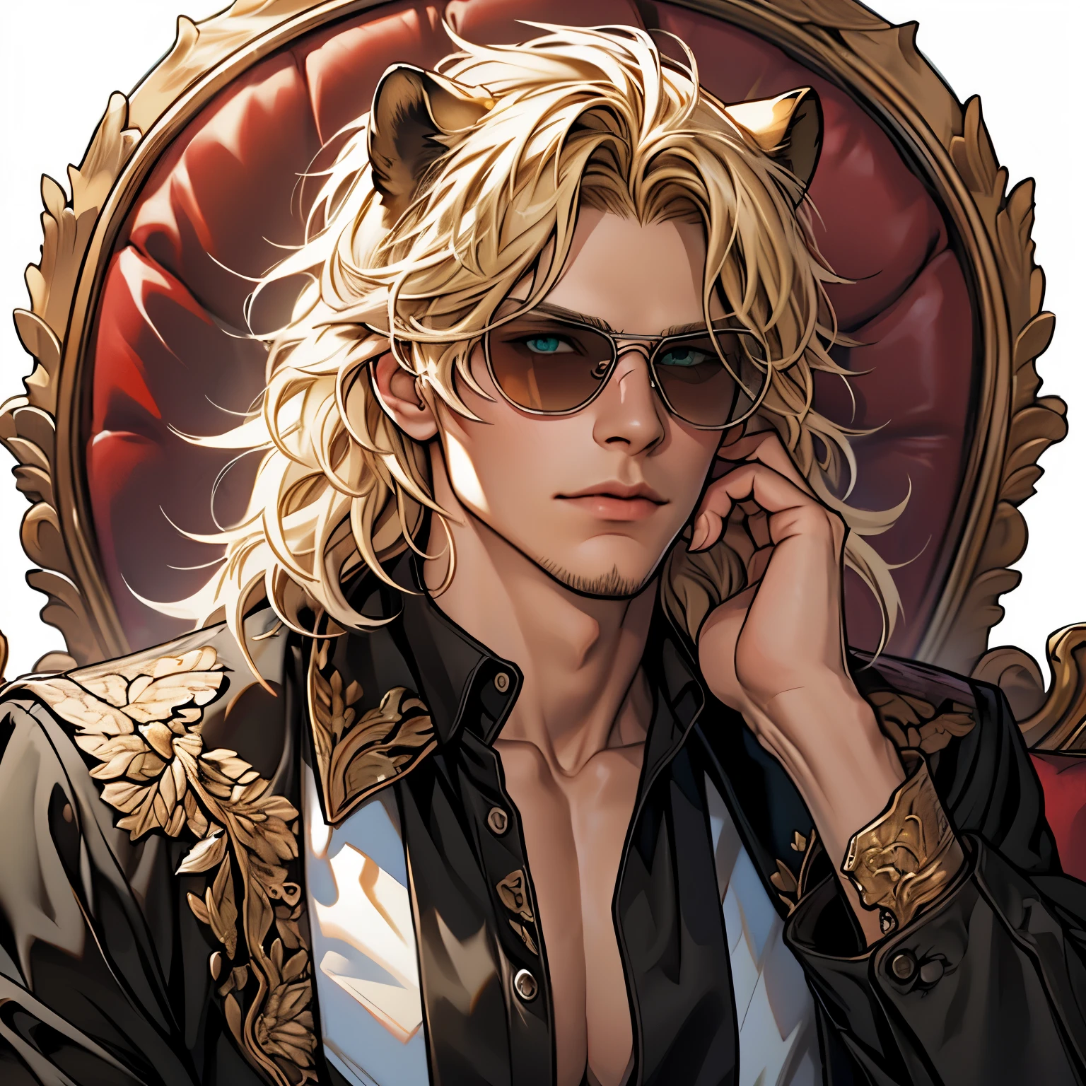 Black jacket, ((one male)), lion ears, long hair, blond, blond hair, green eyes, tall, muscular, white shirt, ((beautiful face)), ((highest quality)), ((masterpiece)), ((2d)), (anime), perfect face, (((highest detail))), feline eyes, stubble, lion tail, wavy hair, (far shot), (((detailed face))), intricate details, ((sitting on white couch)), white background, black boots ((red sunglasses)), (((human hands)))