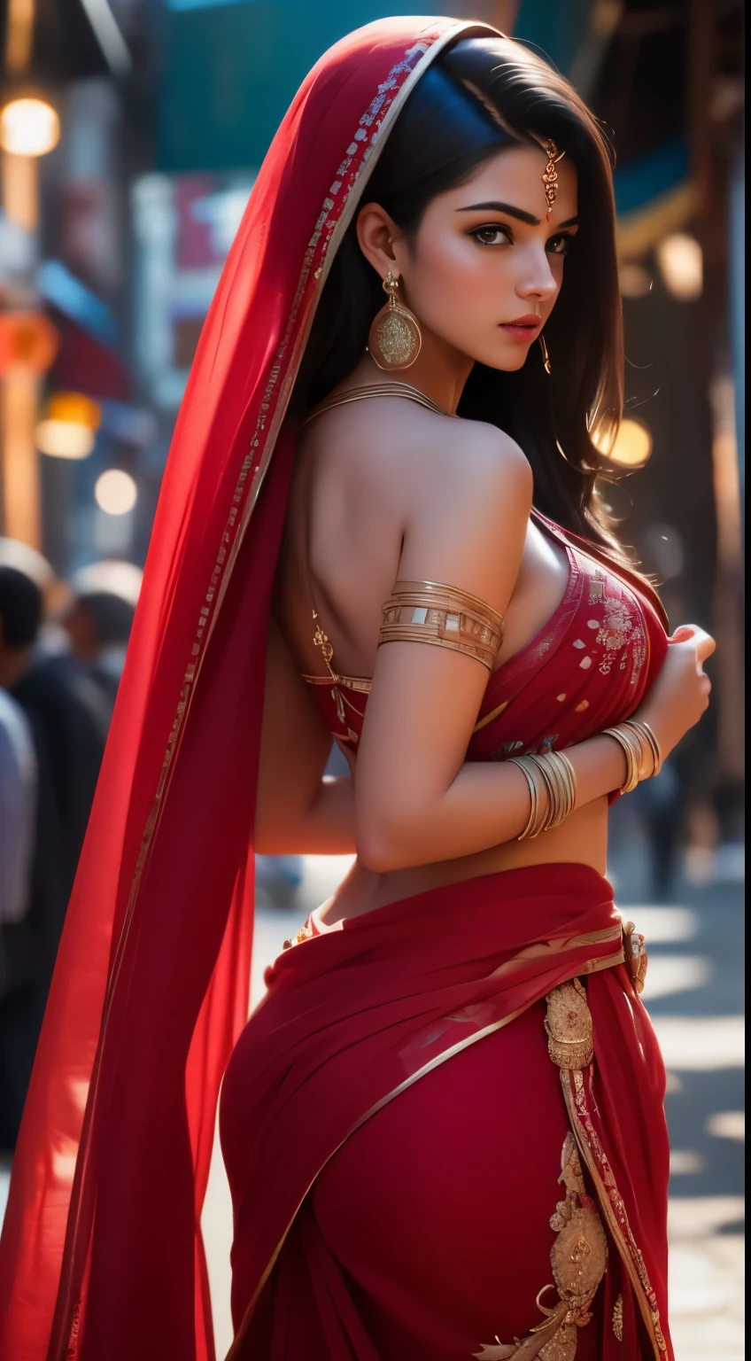 In the bustling streets of a vibrant Indian city, amidst the kaleidoscope of colors and scents, a woman (((Anne Hathaway: Selena Gomez:0.6)))with big  and curvy ass clad in a vibrant red saree and a black blouse becomes an ethereal sight that captivates all who lay eyes upon her. Her undeniable beauty transcends time and space, leaving onlookers spellbound.

Describe the scene as the woman, with her graceful presence, glides through a crowded marketplace, where merchants and shoppers pause to admire her radiance. The atmosphere is alive with whispers as her mesmerizing allure evokes a sense of awe and admiration.

Embark on a journey to reveal the woman’s story—her name, her background, her passions—and the reasons behind her choice of attire. Explore her persona, intertwining elements of mystery and allure, as people speculate on the secrets hiding behind her enchanting gaze.

Incorporate the sights, sounds, and emotions that surround this extraordinary woman, as she navigates through the city’s vibrant tapestry. Whether it be the scent of freshly ground spices, the distant sound of temple bells, or the intricate henna designs adorning her hands, immerse the reader in the sensory experience of this captivating moment.

As the story unfolds, her path intertwines with that of a curious photographer who becomes determined to capture her undeniable beauty in a single photograph. Describe their encounters, the photographer’s attempts to understand her story, and the profound impact this woman’s presence has on his own life.(Blur Background:1.6), (Blue Hue:0.8), (Auto focus:1.4)