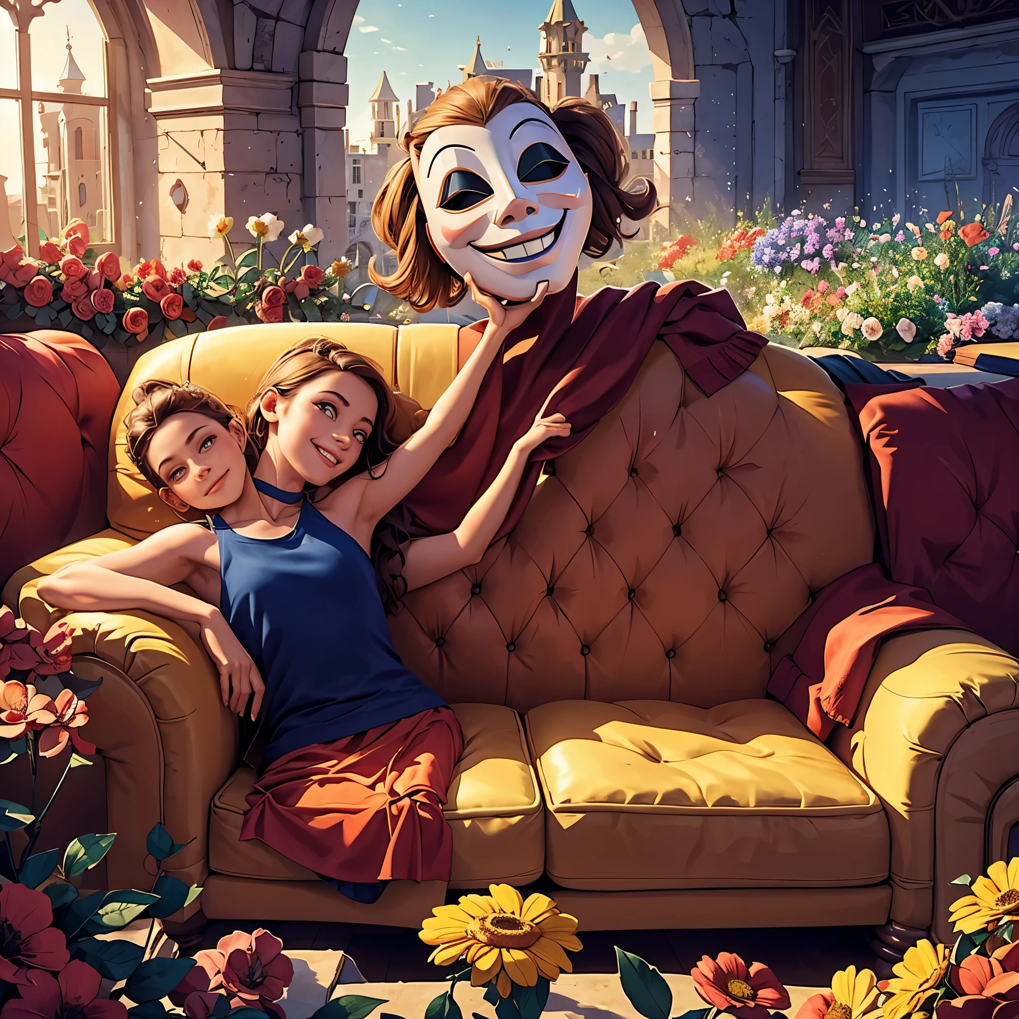 جسد يرتدي قناعًا مسرحيًا مبتسمًا مستلقيًا على أريكة في وسط قلعة مهجورة مغطاة بكثرة من الزهور