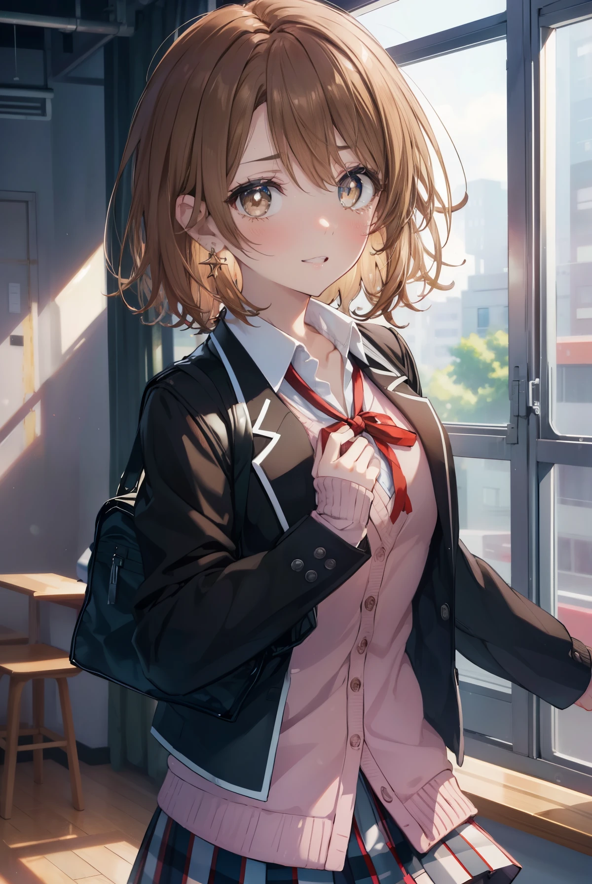 irohaisshiki, iroha isshiki, short hair, brown hair, (brown eyes:1.5), A smile that speaks with its mouth open,blush,tears run down her face,Crying with joy,
break skirt, shirt, ribbon, school uniform, Jacket, white shirt, closed clothes, socks, open Jacket, black Jacket, plaid, knee high, plaid skirt, blazer, cardigan, black socks, pink cardigan, sobu high school uniform,gymの舞台上でスピーチしている,graduation ceremony,
break indoors, School　gym,
break looking at viewer,
break (masterpiece:1.2), highest quality, High resolution, unity 8k wallpaper, (figure:0.8), (detailed and beautiful eyes:1.6), highly detailed face, perfect lighting, Very detailed CG, (perfect hands, perfect anatomy),