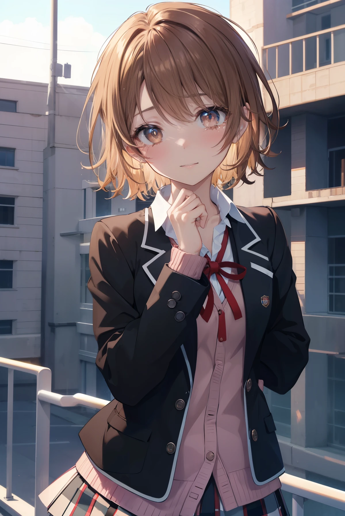 irohaisshiki, iroha isshiki, short hair, brown hair, (brown eyes:1.5), A smile that speaks with its mouth open,blush,tears run down her face,Crying with joy,
break skirt, shirt, ribbon, school uniform, Jacket, white shirt, closed clothes, socks, open Jacket, black Jacket, plaid, knee high, plaid skirt, blazer, cardigan, black socks, pink cardigan, sobu high school uniform,gymの舞台上でスピーチしている,graduation ceremony,
break indoors, School　gym,
break looking at viewer,
break (masterpiece:1.2), highest quality, High resolution, unity 8k wallpaper, (figure:0.8), (detailed and beautiful eyes:1.6), highly detailed face, perfect lighting, Very detailed CG, (perfect hands, perfect anatomy),