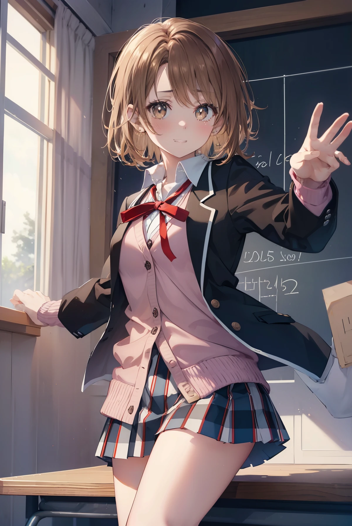 irohaisshiki, iroha isshiki, short hair, brown hair, (brown eyes:1.5), A smile that speaks with its mouth open,blush,tears run down her face,Crying with joy,
break skirt, shirt, ribbon, school uniform, Jacket, white shirt, closed clothes, socks, open Jacket, black Jacket, plaid, knee high, plaid skirt, blazer, cardigan, black socks, pink cardigan, sobu high school uniform,gymのステージの上でスピーチしている,graduation ceremony,
break indoors, School　gym,
break looking at viewer,
break (masterpiece:1.2), highest quality, High resolution, unity 8k wallpaper, (figure:0.8), (detailed and beautiful eyes:1.6), highly detailed face, perfect lighting, Very detailed CG, (perfect hands, perfect anatomy),