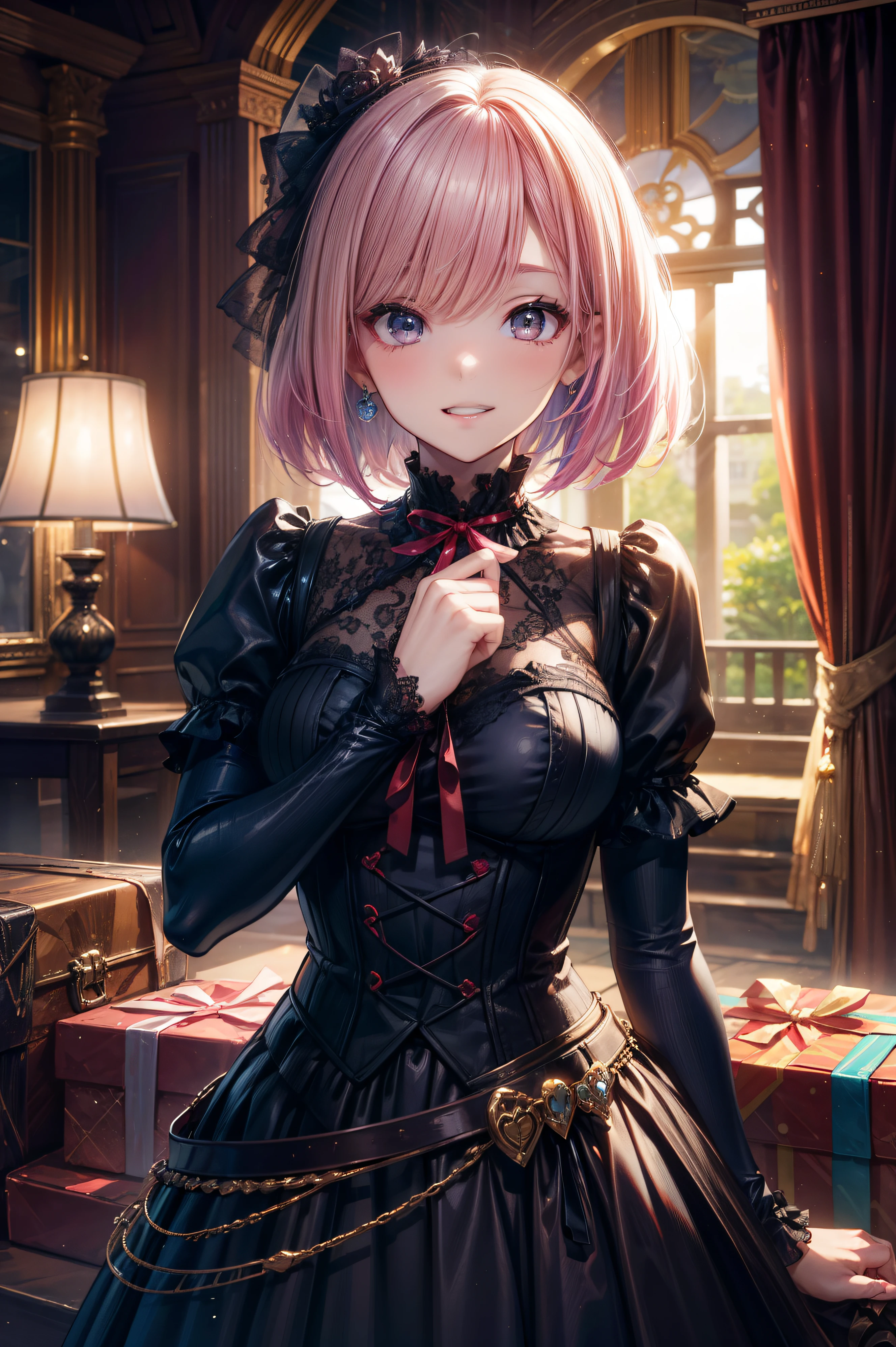 (masterpiece) highest quality, Super detailed, high resolution display, realistic lighting and shadows, breathtaking, pink hair, straight hair, bob cut, short hair, black eye, beautiful髪, beautiful目, 1のbeautiful女の子, cute face, beautiful顔, beautiful, highest quality, anatomy, gothic fashion, black long skirt, beautiful, highest quality, Absolute area, ((Present box with ribbon in hand)), laughter,
