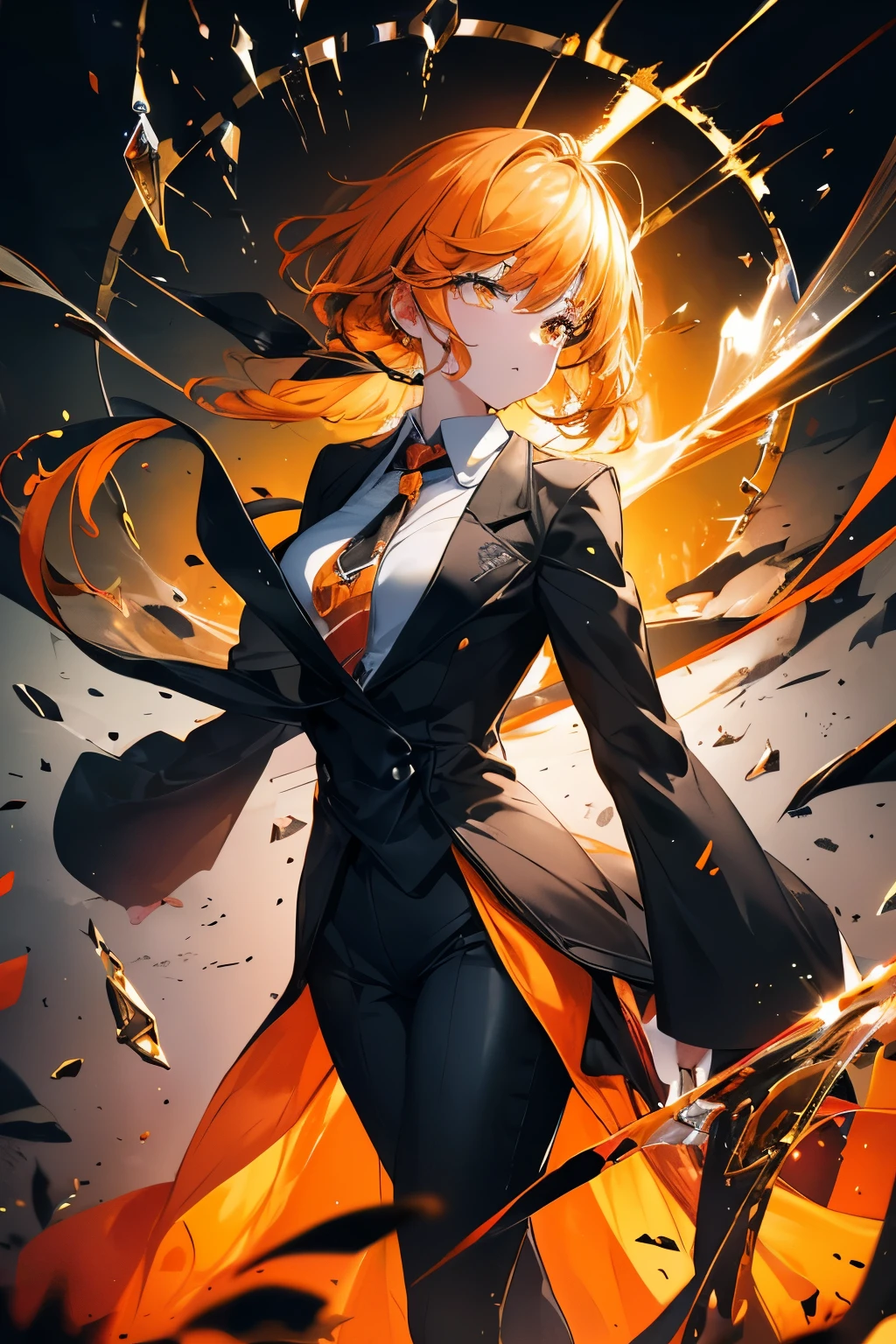 ((masterpiece, best quality, ultra high resolution)), 1 girl, Are standing、pants suit、orange shirt、black jacket、green and yellow swirl tie、orange hair、《short curly hair》orange eyes、(perfect face)The gaze is on the viewer、Drooping eyes、beautiful eyelashes、open your mouth and laugh、Beautiful leg lines、Landscape、arms folded、、black church background、boyish