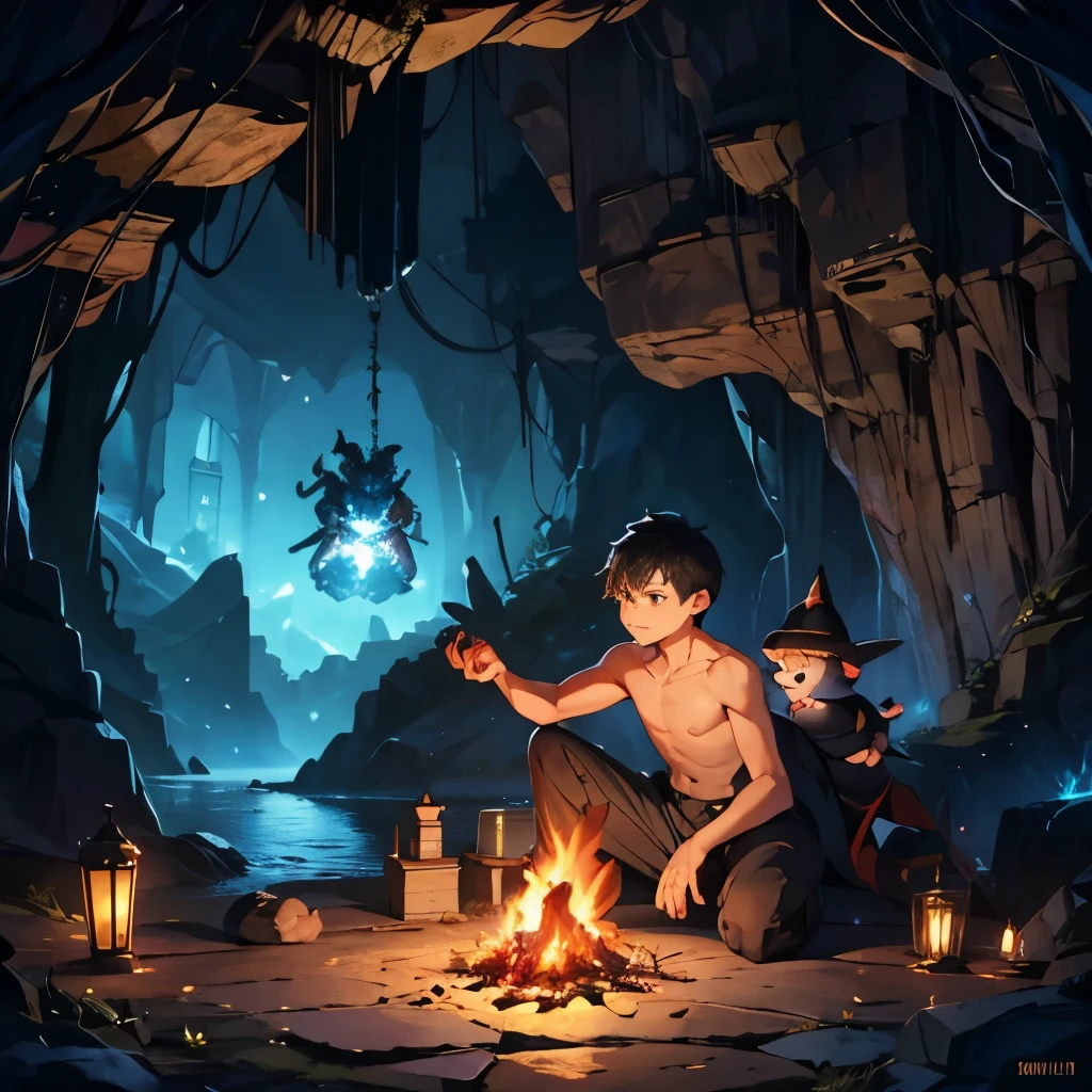 (young boy) , giant spider , shota , topless , magic , sorcerer , pet , dark cave , vivid light , giant monster , sitting , bonfire , lovely