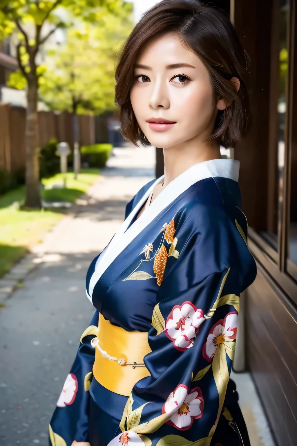 ((highest quality, 8k, masterpiece: 1.3)), sharp focus: 1.2, beautiful woman with perfect figure: 1.4, (kimono), street tree, Highly detailed face and skin texture, fine eyes, (lips), dark brown hair,big breasts,