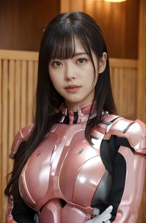 pink power range lemele、realistic, shiny dark pink and white suit、power rangers bodysuit、professional photos、Don&#39;don&#39;t expose your skin, japanese model,The skin is not exposed、thick body, laughter、big breasts、black haired、sweaty face、in the sauna、