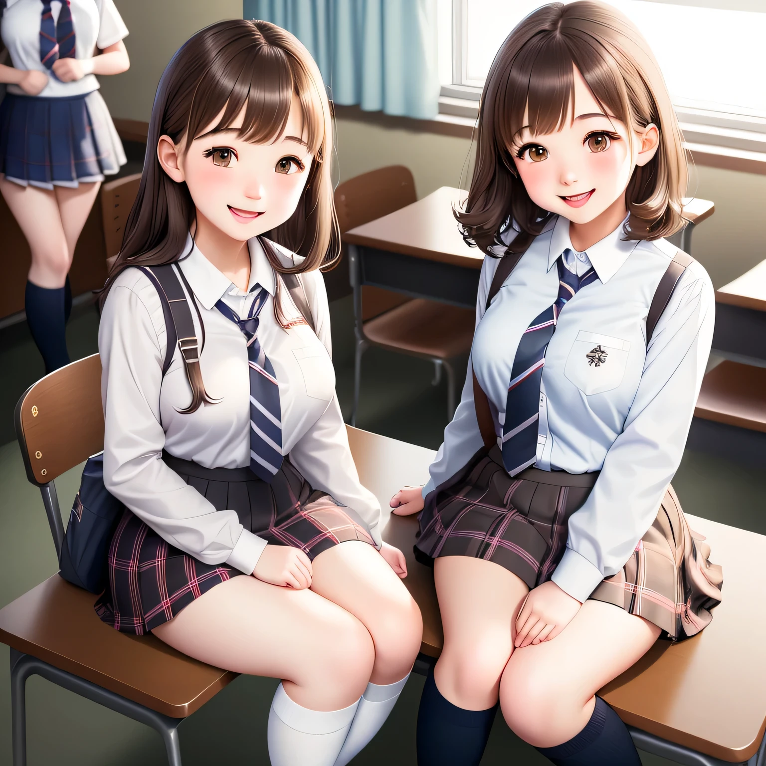 uniform、knee high socks、brown hair、short hair、cute face、classroom、girls high school uniform、Commemorative photo with four high school girls、tight uniform、plaid skirt、white shirt、tie、lady lady、smile、