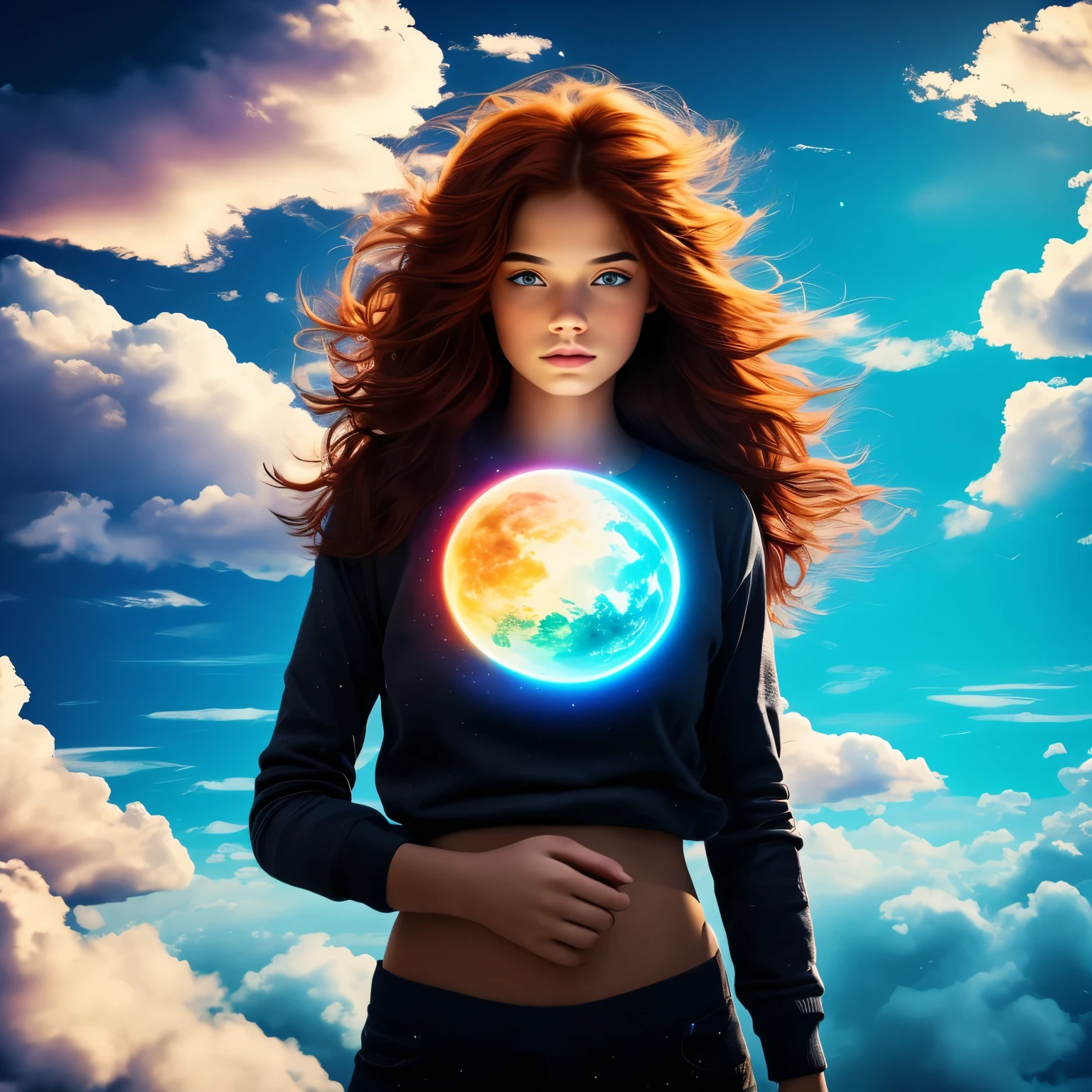 (obra de arte), melhor qualidade, Olhos expressivos, breathtaking ilustração of fantastic shot of beautiful red-haired girl with a cat in the sky , Horizontes RGB Nebulosos: Contemple a vasta extensão de nebulosas em tons RGB, estendendo-se através dos horizontes cósmicos, criando uma vista hipnotizante que desperta a imaginação , (ilustração:1.3), obra de arte, breathtaking ilustração