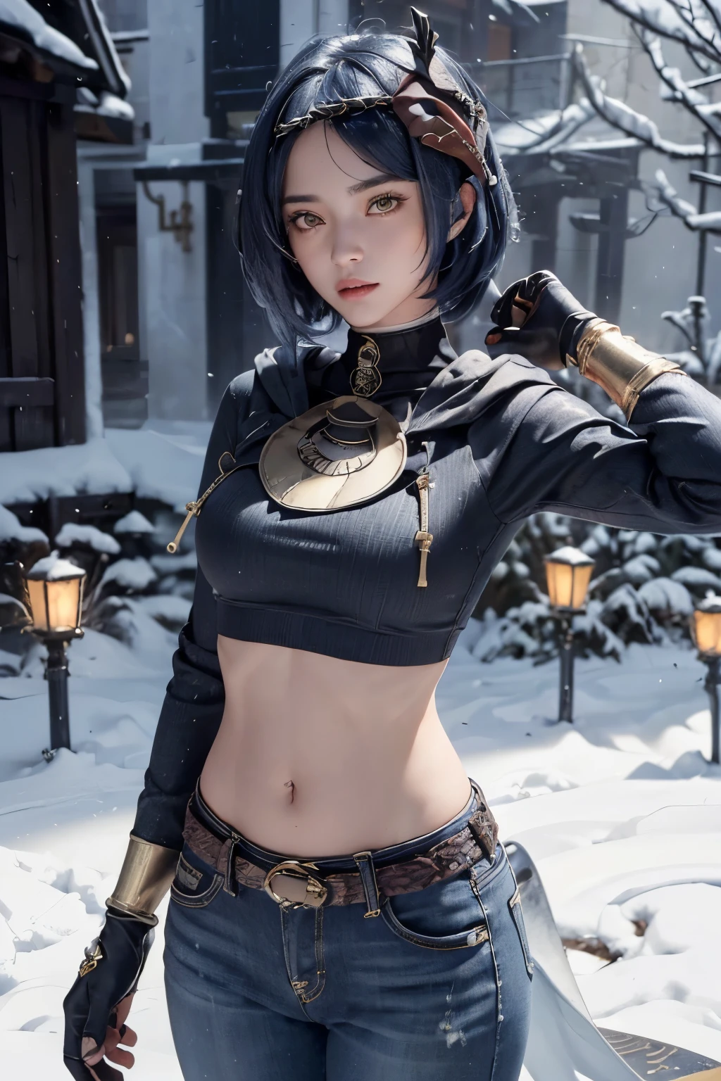 (Long sleeved crop hoodie, long jeans, gold belt), ((midriff, navel)), looking at viewer, garden, snow, ((cinematic lighting, masterpiece, anatomically correct, detailed textured skin, high details, highres, HD, 4K, 8k)), (kujou sara:1.3), mask on head, blue hair, short hair, yellow eyes