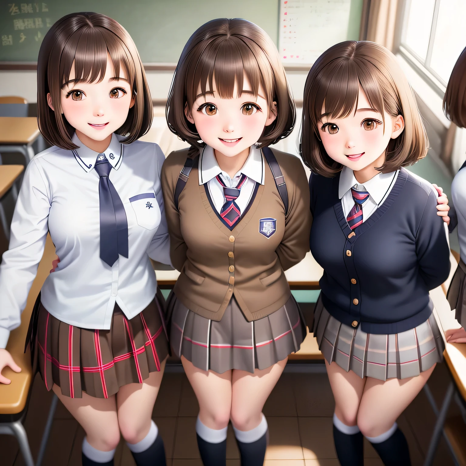 uniform、knee high socks、brown hair、short hair、cute face、classroom、girls high 、Commemorative photo with four high school girls、tight uniform、plaid skirt、white shirt、tie、lady lady、smile、buckshot、think back、