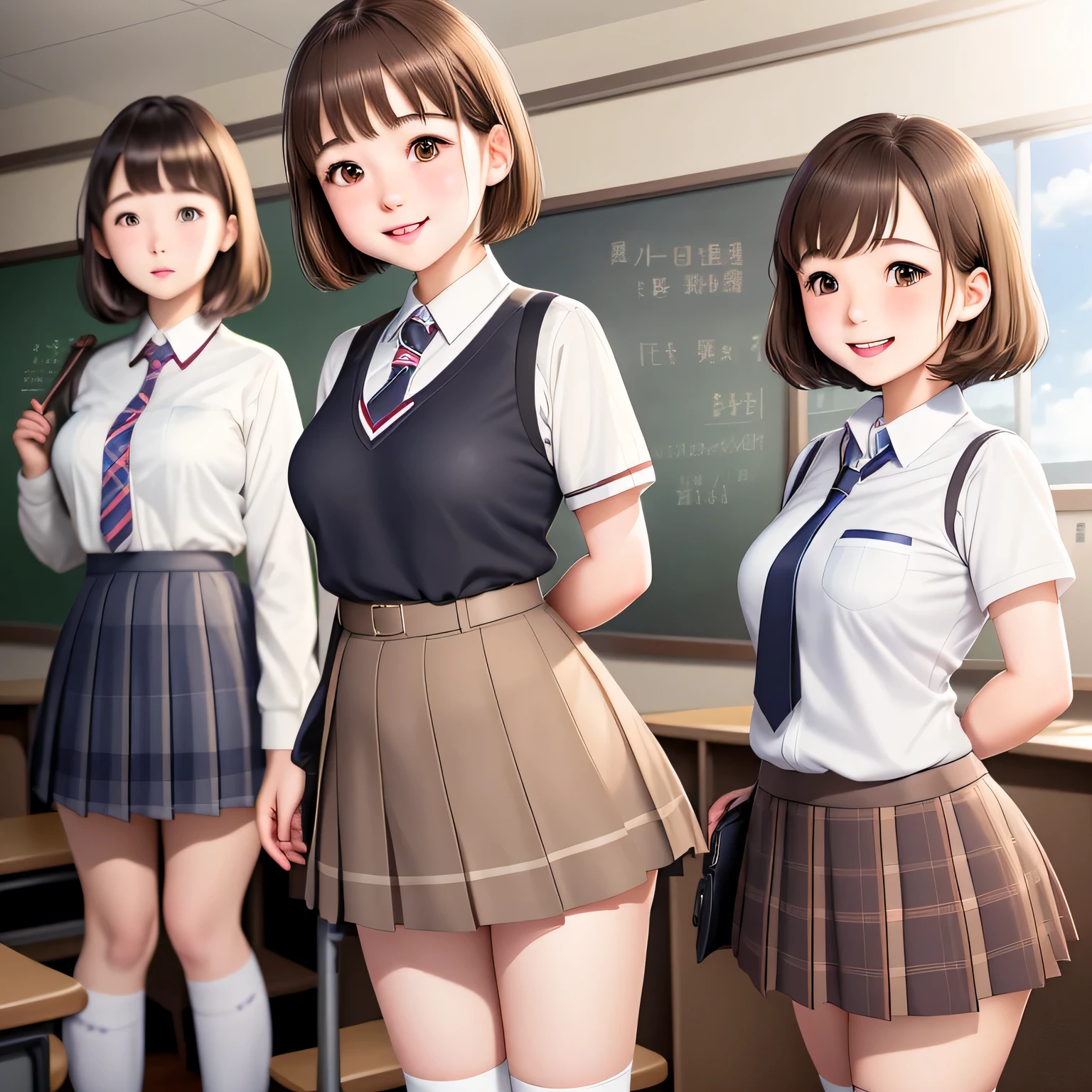 uniform、knee high socks、brown hair、short hair、cute face、classroom、girls high school uniform、Commemorative photo with four high school girls、tight uniform、plaid skirt、white shirt、tie、lady lady、smile、One person is shotgun、Rear view、one person looks back、embarrassed look、