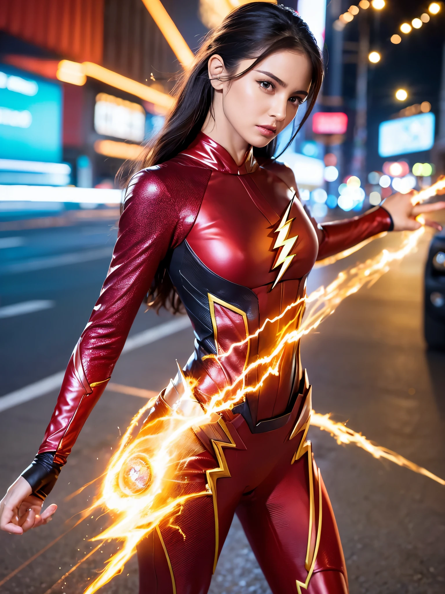 ((Flash woman)) , seios grandes , medium hips, (( ultra realista )), TM Ninja branco,Icons, cores vibrantes, estilo vetorial, arte digital, 4k, detalhes intrincados, Hipnotizante, feito profissionalmente, Beautiful vector illustration, 12k resolution, ..3d, todos os caracteres em corpo inteiro detalhado, ((altamente detalhado)), ((vibrante)),(( Ultra alta qualidade)), ((hiper-realismo)), ((fotorrealismo)), [octan render], na cidade , muitos carros ( realista