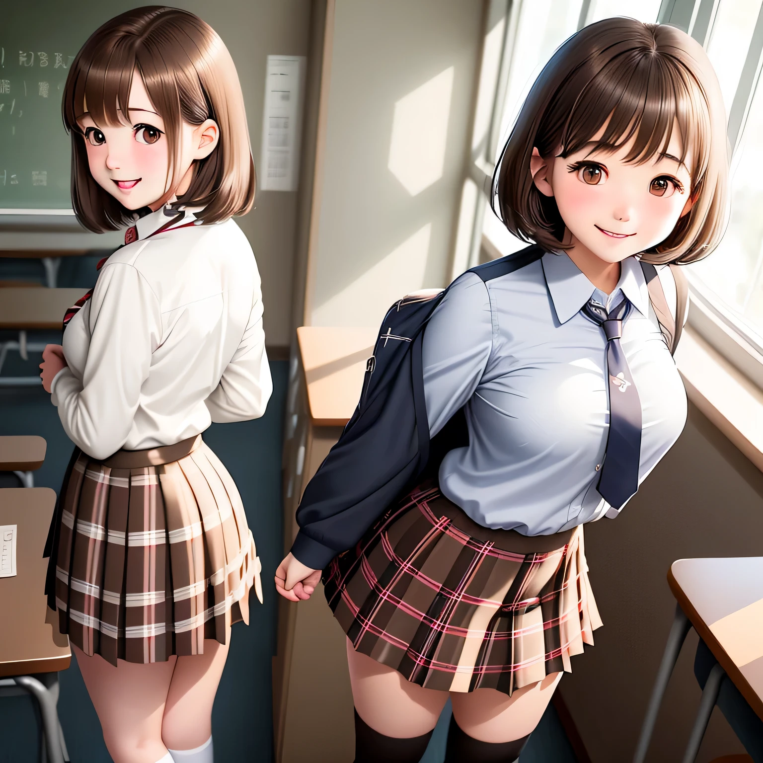 uniform、knee high socks、brown hair、short hair、cute face、classroom、girls high 、Commemorative photo with four high school girls、tight uniform、plaid skirt、white shirt、tie、lady lady、smile、One person is shotgun、Rear view、one person looks back、embarrassed look、