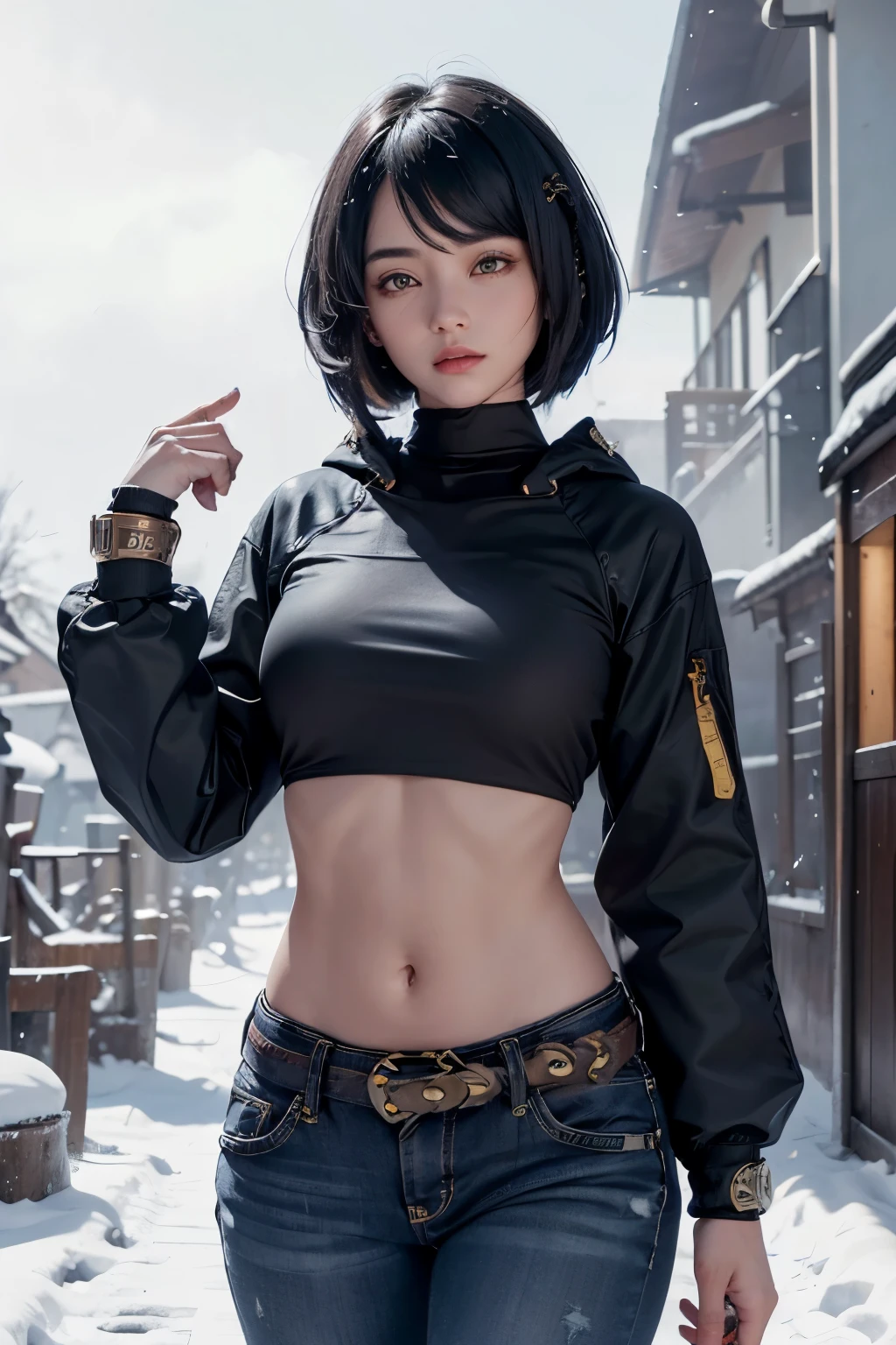 (Long sleeved puffer parka, long jeans, gold belt), ((midriff, navel)), looking at viewer, garden, snow, ((cinematic lighting, masterpiece, anatomically correct, detailed textured skin, high details, highres, HD, 4K, 8k)), (kujou sara:1.3), mask on head, blue hair, short hair, yellow eyes