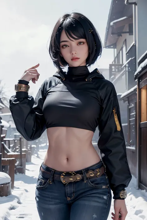 (Long sleeved puffer parka, long jeans, gold belt), ((midriff, navel)), looking at viewer, garden, snow, ((cinematic lighting, m...