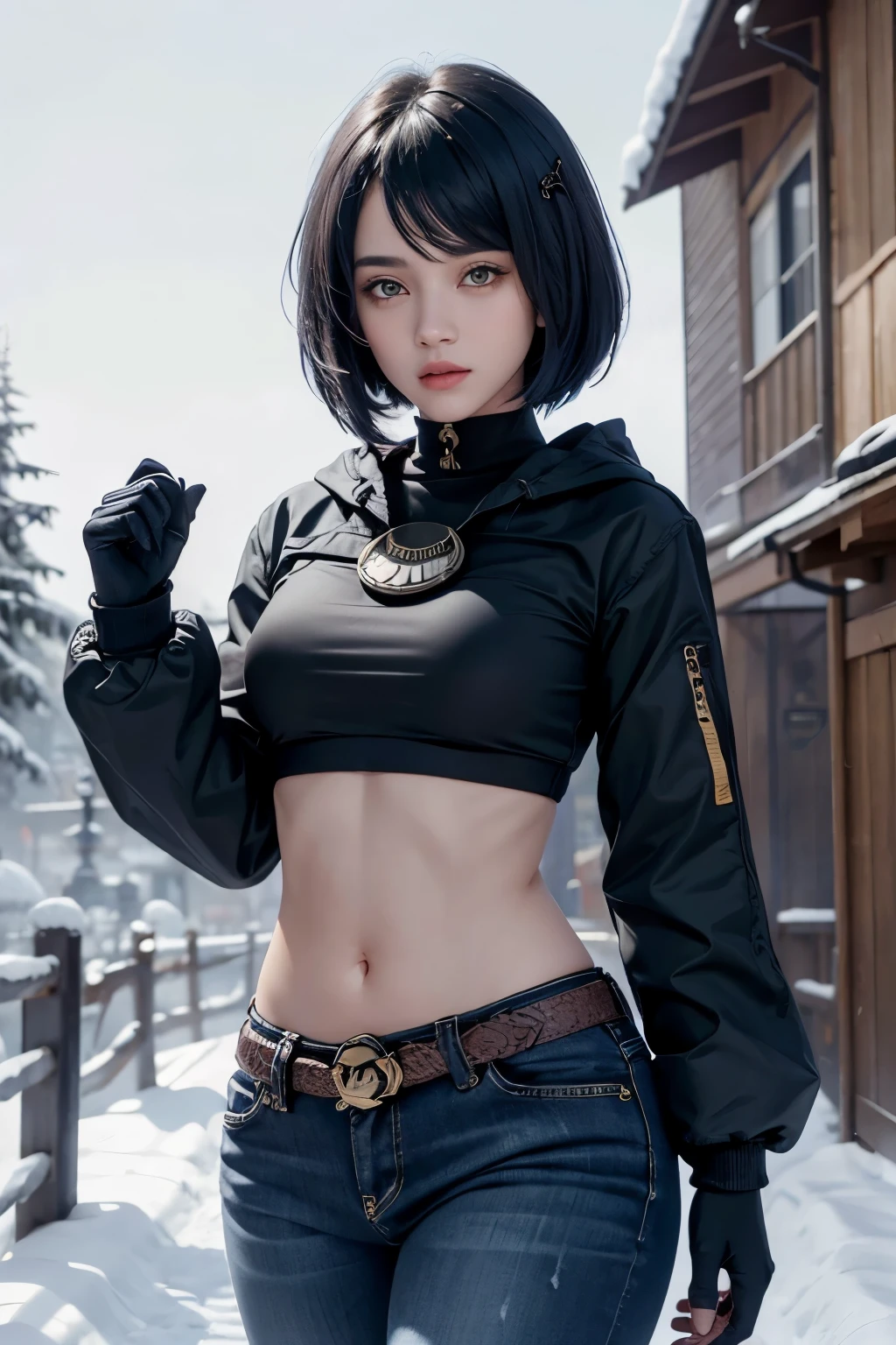 (Long sleeved puffer parka, long jeans, gold belt), ((midriff, navel)), looking at viewer, garden, snow, ((cinematic lighting, masterpiece, anatomically correct, detailed textured skin, high details, highres, HD, 4K, 8k)), (kujou sara:1.3, mask on head, blue hair, short hair, yellow eyes)