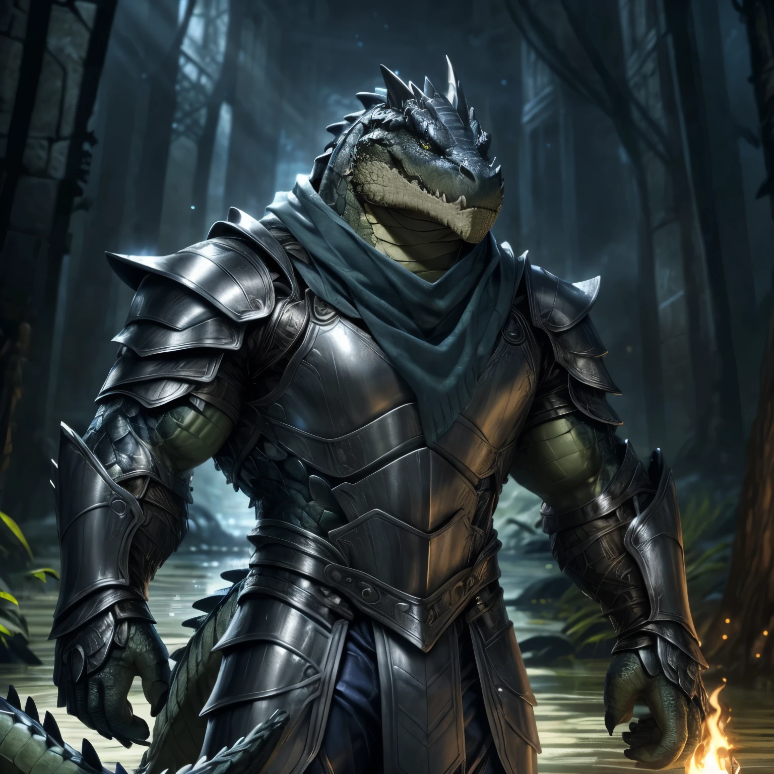 Tall hyperMuscular Deep BLUE Crocodile wearing Full silver armor in all body, HD, 4K, high resolution, Best quality, perfect colors, perfect shadow, perfect litthing, Alone, Males person, Correct Head Anatomy, Correct Anatomy, (Detailed Realistic scales, epic, tmasterpiece:1.2), (Detailed swamp background), shining Scales, smooth scales, perfect scales, detailed scales, Crocodile wearing a silver full armor, blue pants, Black shirt, Detailed silver armor, perfect pants,Persian scarf, Deep Blue Crocodile, torch lighting, night, Silver armor covering The entire chest, Silver armor arms, Deep blue scales color, hornless, no horns, Big muscle