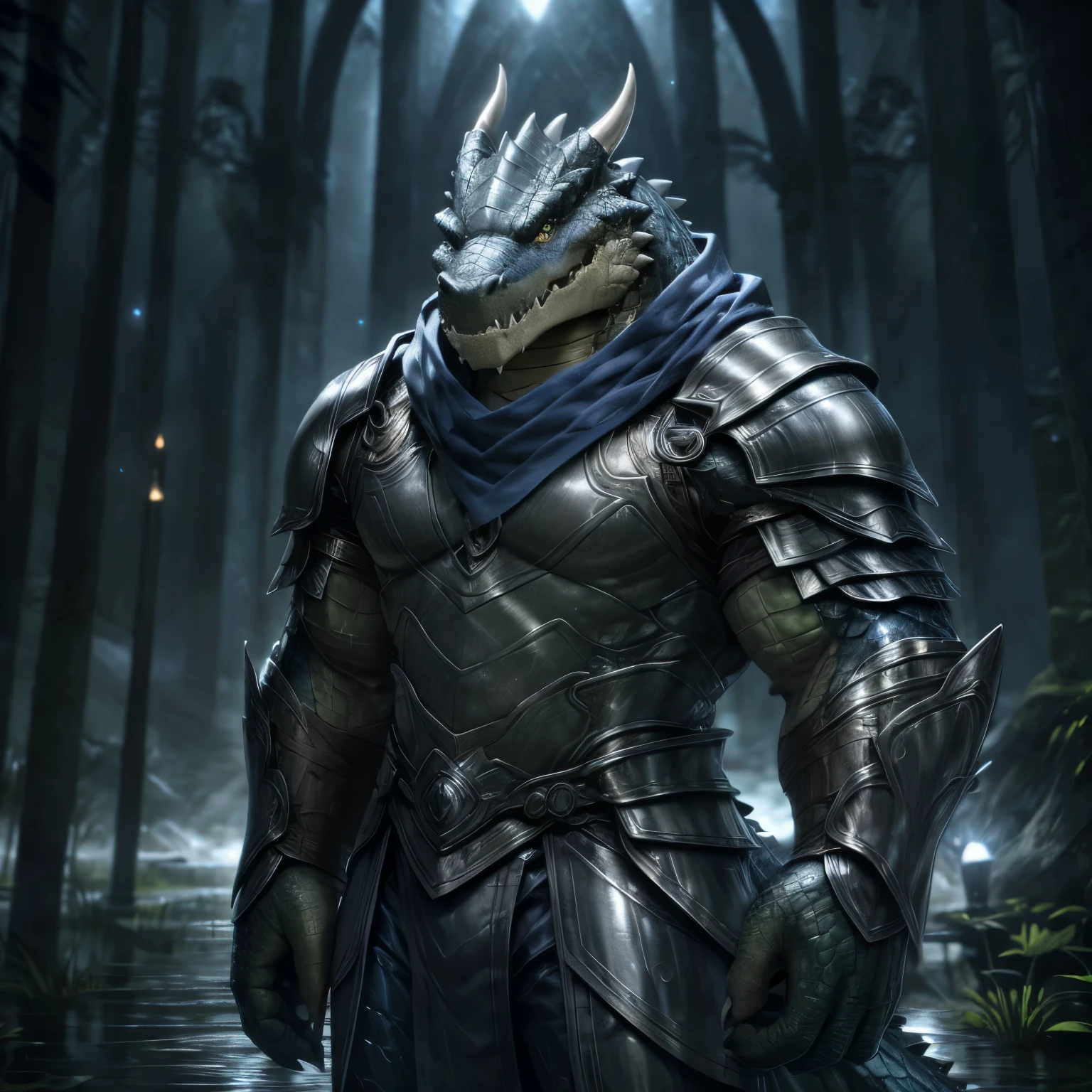 Tall Hyper Muscular Deep BLUE Crocodile wearing Full silver armor in all body, HD, 4K, high resolution, Best quality, perfect colors, perfect shadow, perfect litthing, Alone, Males person, Correct Head Anatomy, Correct Anatomy, (Detailed Realistic scales, epic, tmasterpiece:1.2), (Detailed swamp background), shining Scales, smooth scales, perfect scales, detailed scales, Crocodile wearing a silver full armor, blue pants, Black shirt, Detailed silver armor, perfect pants,Persian scarf, Deep Blue Crocodile, torch lighting, night, Silver armor covering The entire chest, Silver armor arms, Deep blue scales color, hornless, no horns, Big muscle