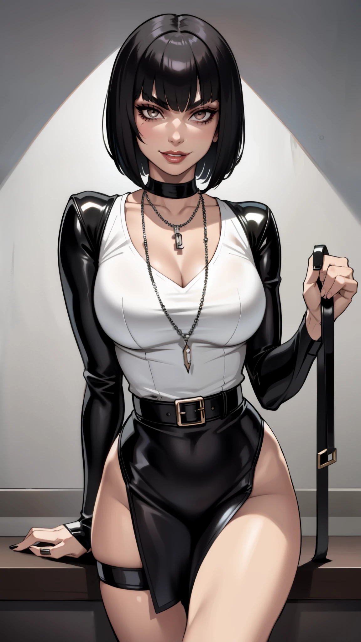 female with black fringe style bob haircut, wearing BDSM dominatrix gear, wearing pearl necklaces, dominant pose, seductive smile, alone, solo, alone, (SOLO)(ALONE), looks like Mia Wallace, wears a long white shirt over 