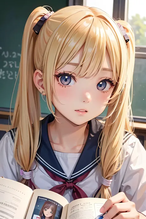 blonde、girl１、twin tail hair、classroom、sit、study、Please refer to the textbook、close up of face